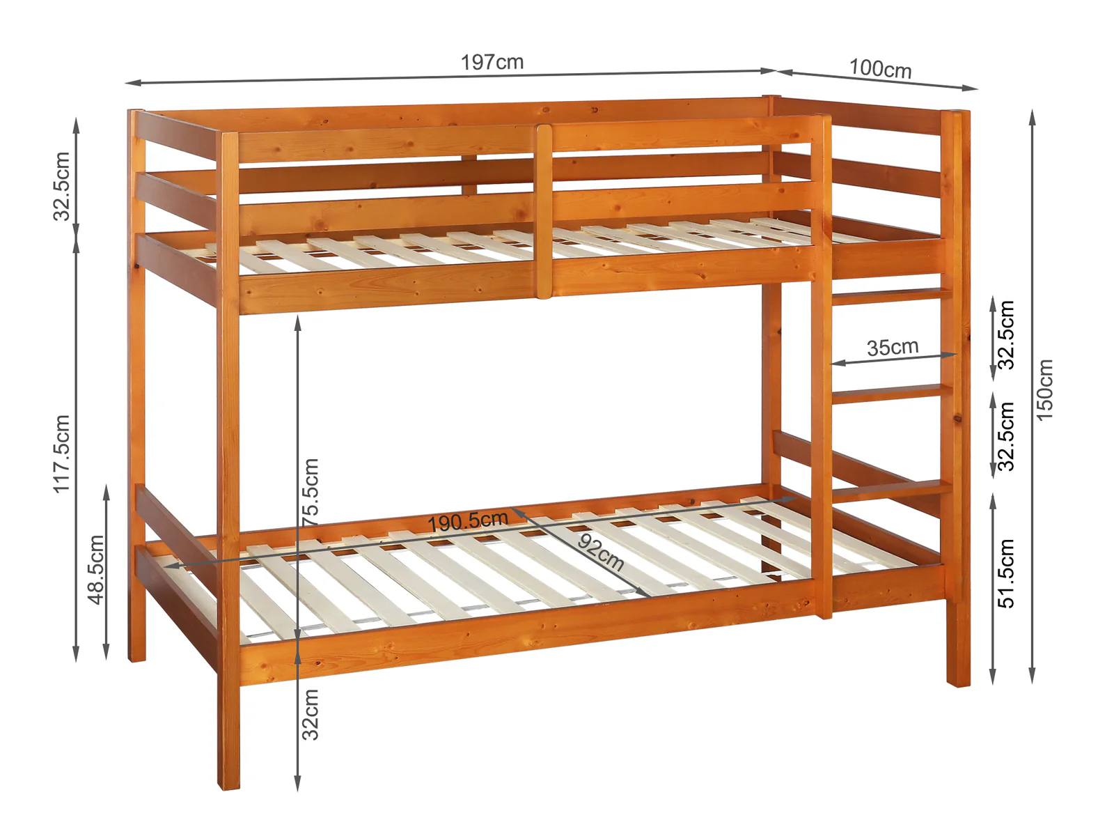 Maroon Single Wooden Bunk Bed Frame - Oak - Image 7
