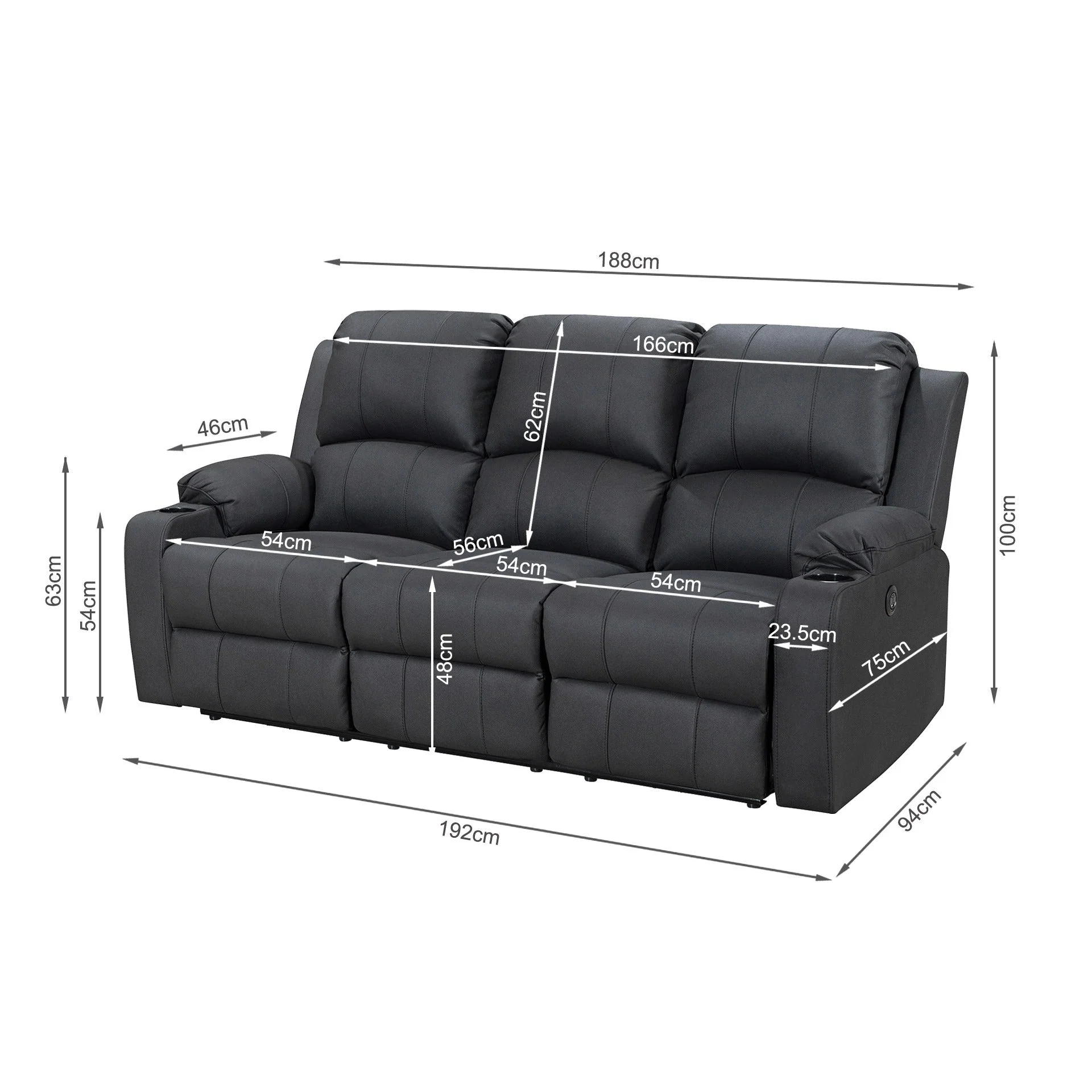 Marton Electric 3 Seater Recliner Sofa - Black - Image 15