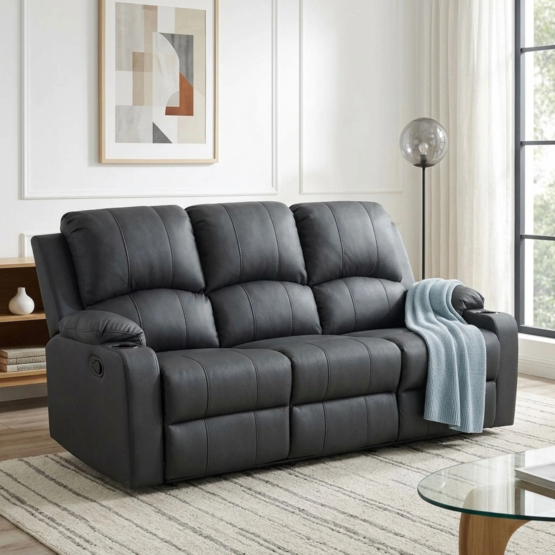 Marton Manual 3 Seater Recliner Sofa - Black - Image 4