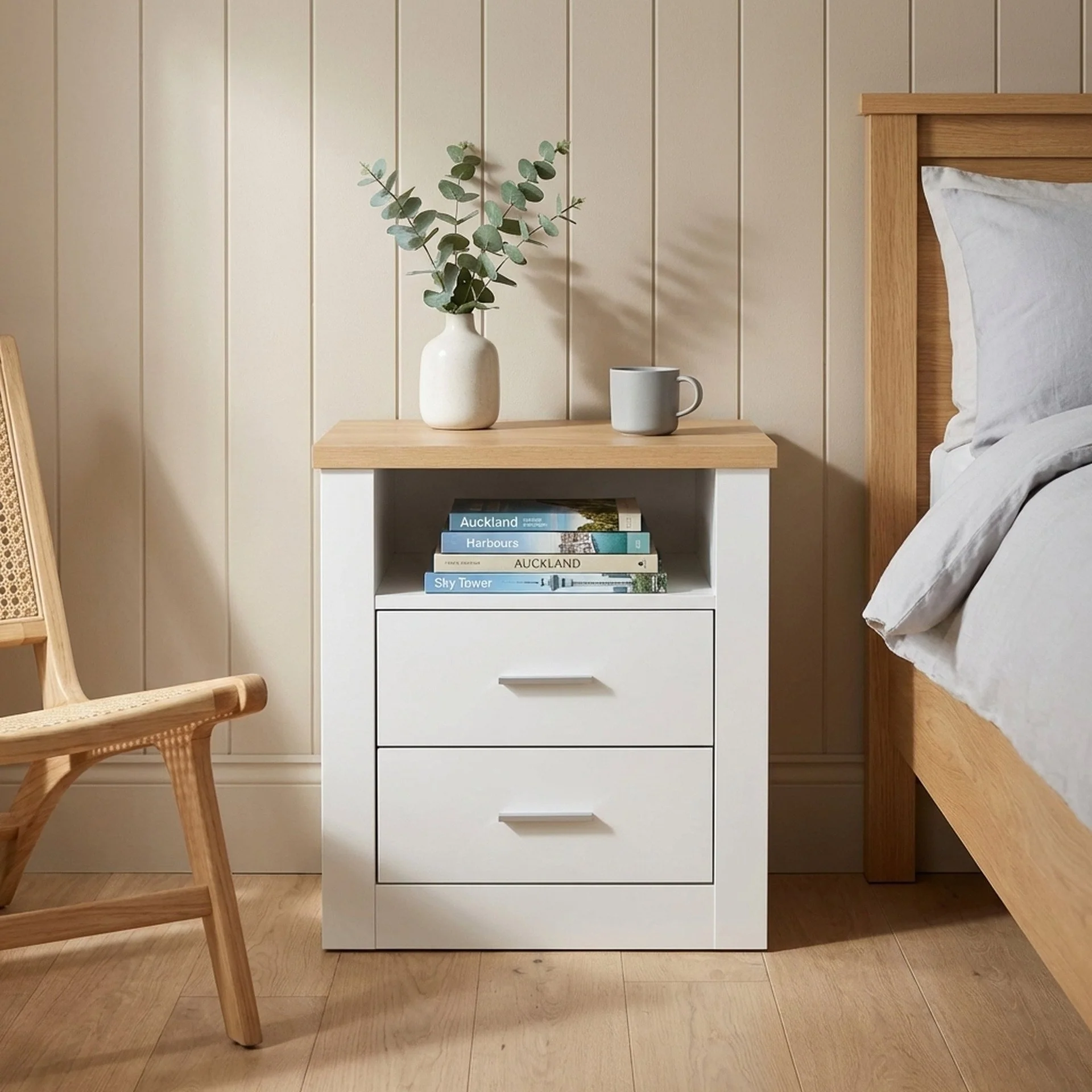 Mateo Wooden Bedside Table - White + Oak - Image 3