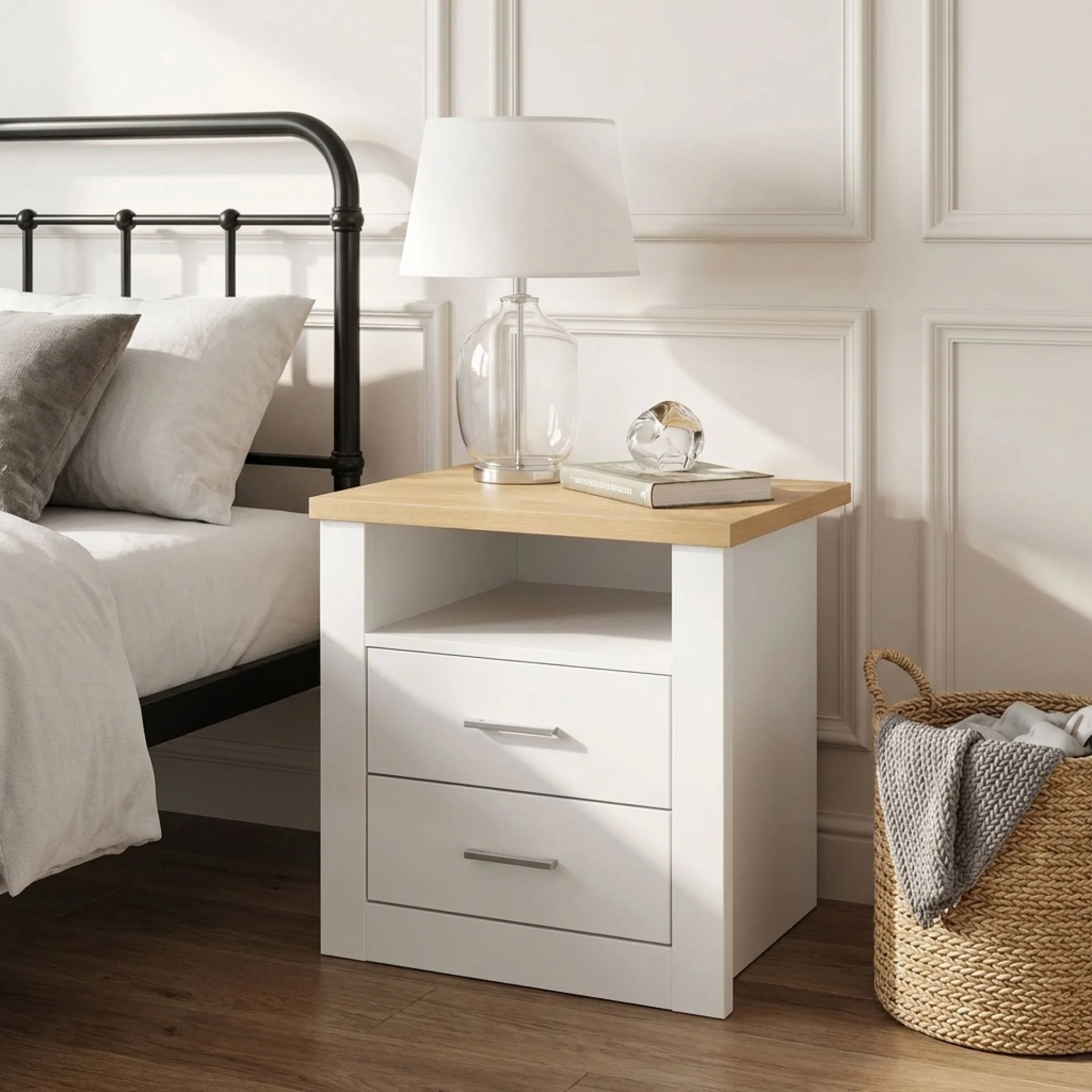 Mateo Wooden Bedside Table - White + Oak - Image 4