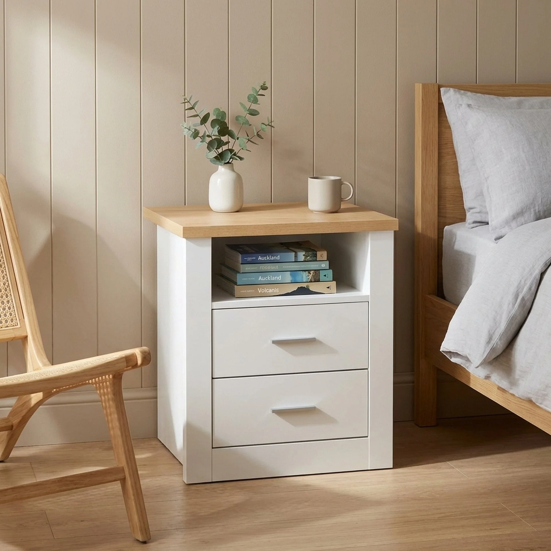 Mateo Wooden Bedside Table - White + Oak - Image 5