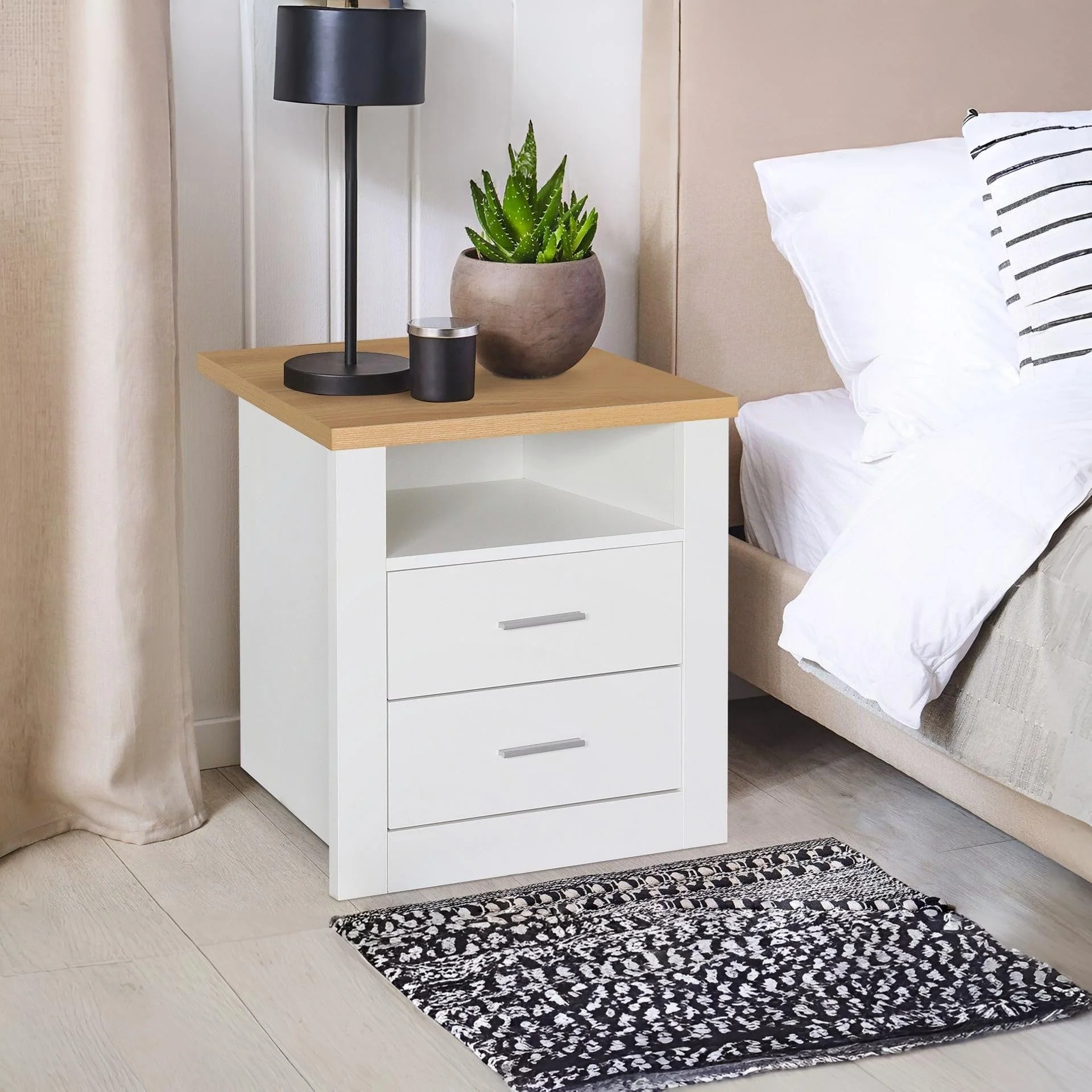 Mateo Wooden Bedside Table - White + Oak - Image 6