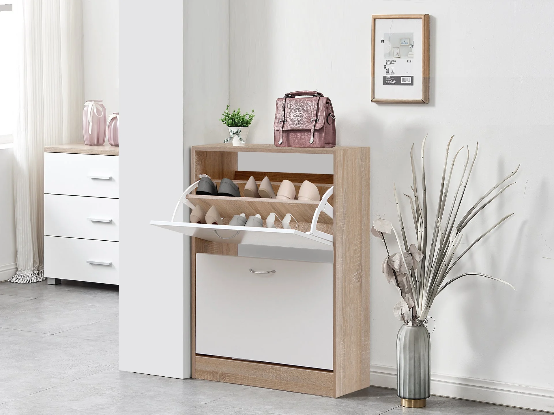 Matilda 2 Drawer Shoe Cabinet Storage Rack - Oak - Image 2