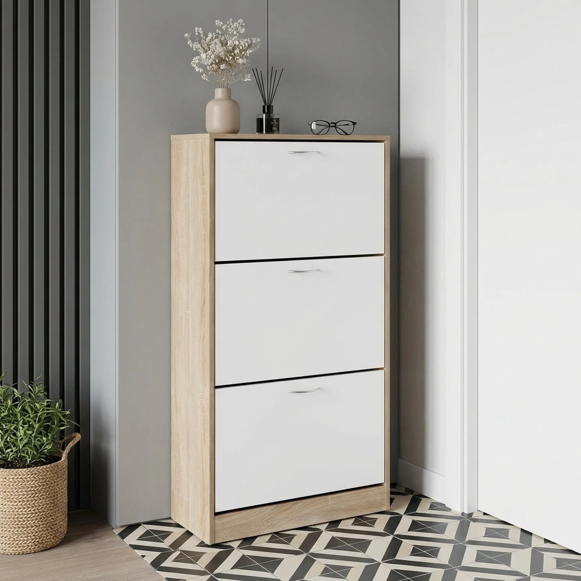 Matilda 3 Drawer Shoe Cabinet Storage Rack - Oak - Image 3