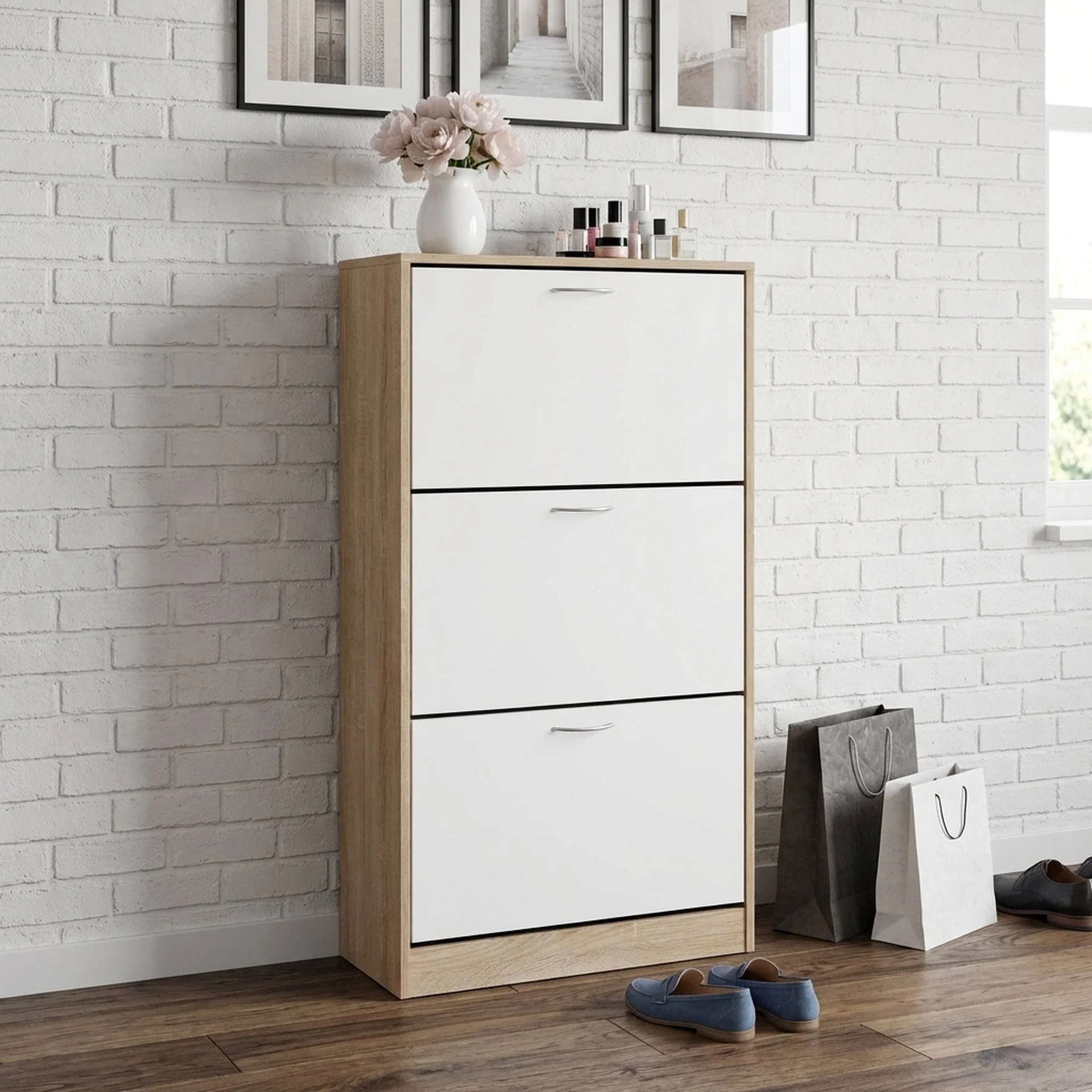 Matilda 3 Drawer Shoe Cabinet Storage Rack - Oak - Image 4