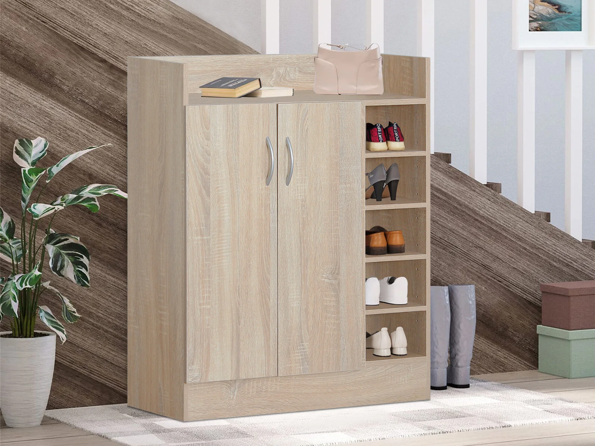 Maui 2 Door Shoe Cabinet Storage Rack - Oak - Image 2