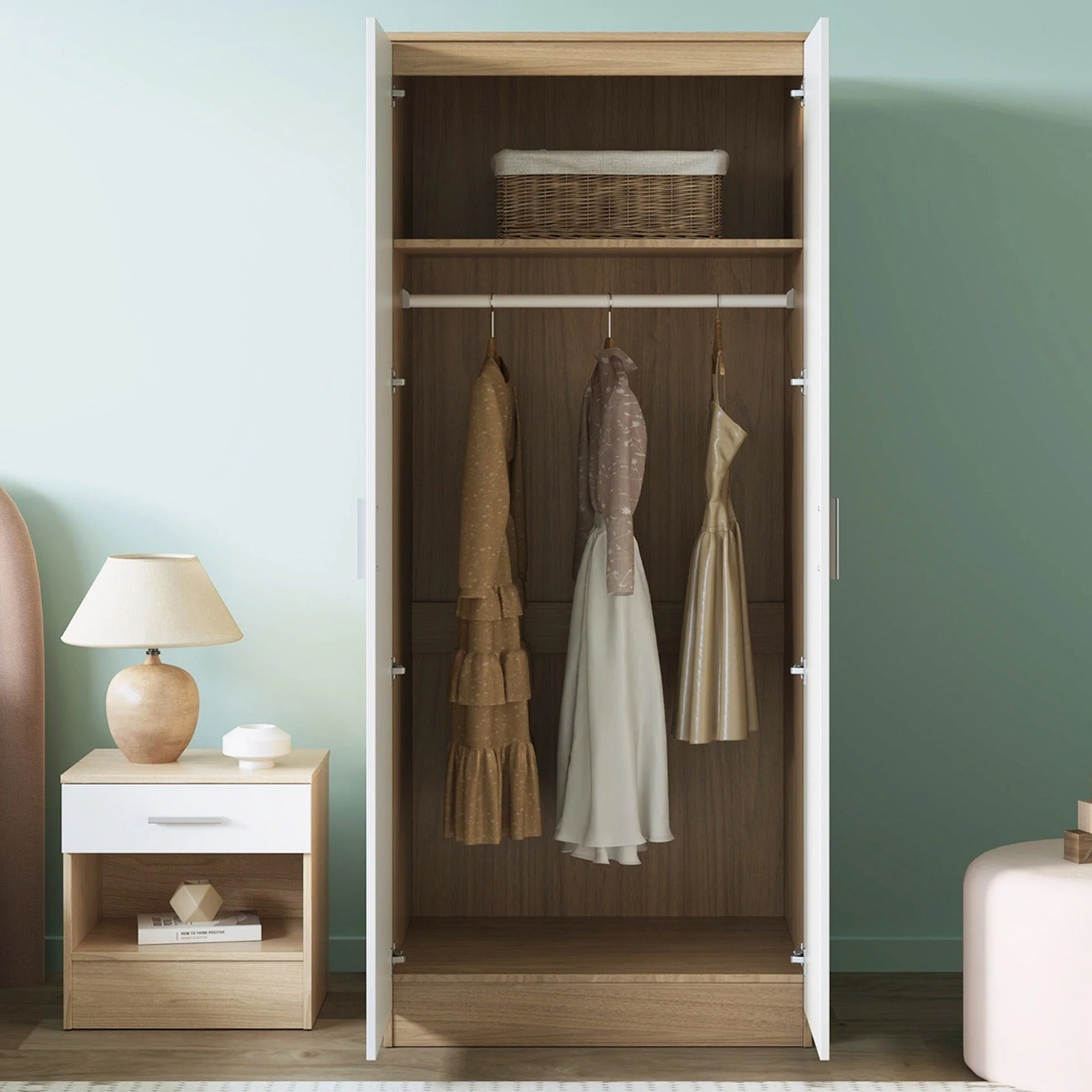 Miller 2 Door Wardrobe - Light Teak + White - Image 2