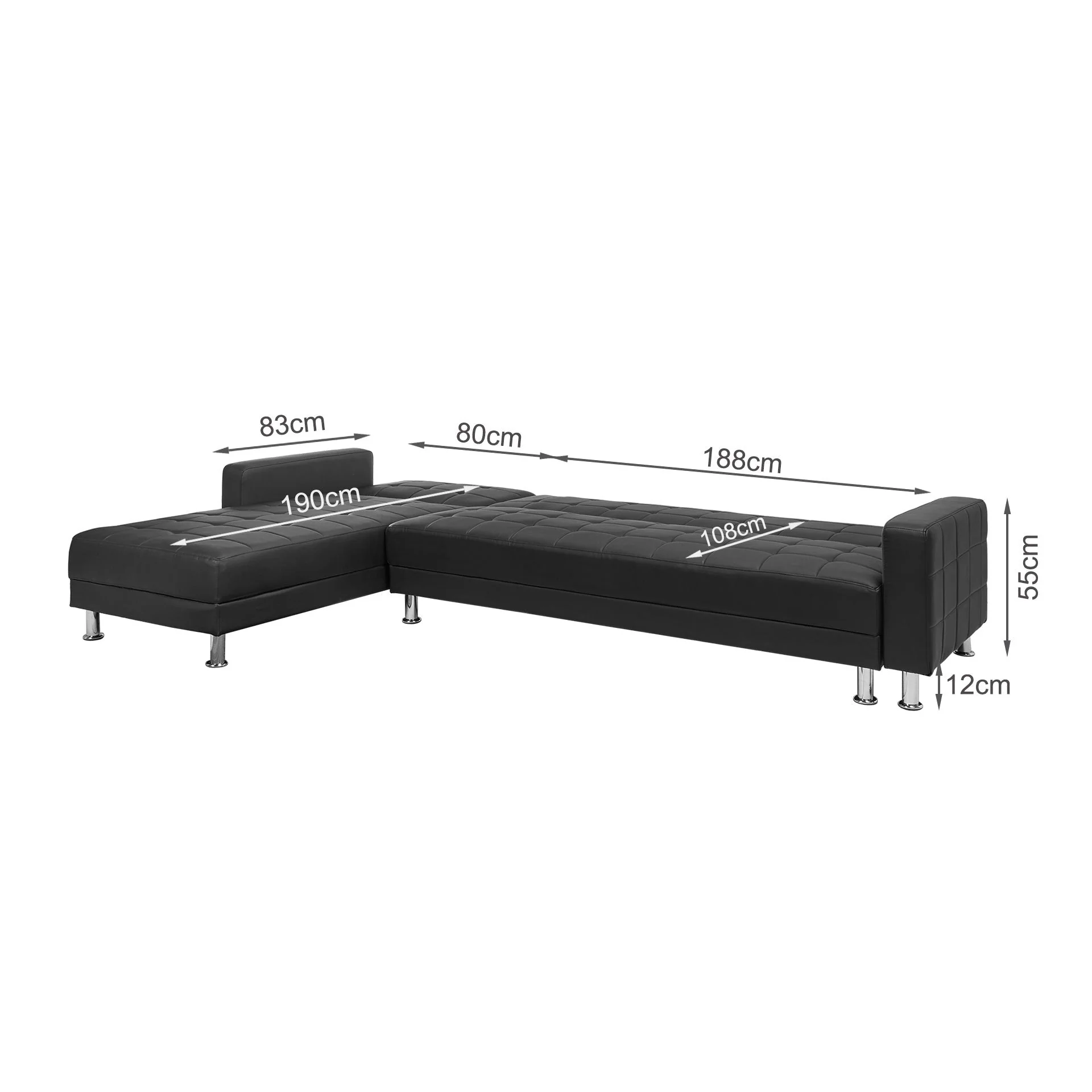 Minnesota 5 Seater Sofa Bed Futon with Chaise - Black - Image 11