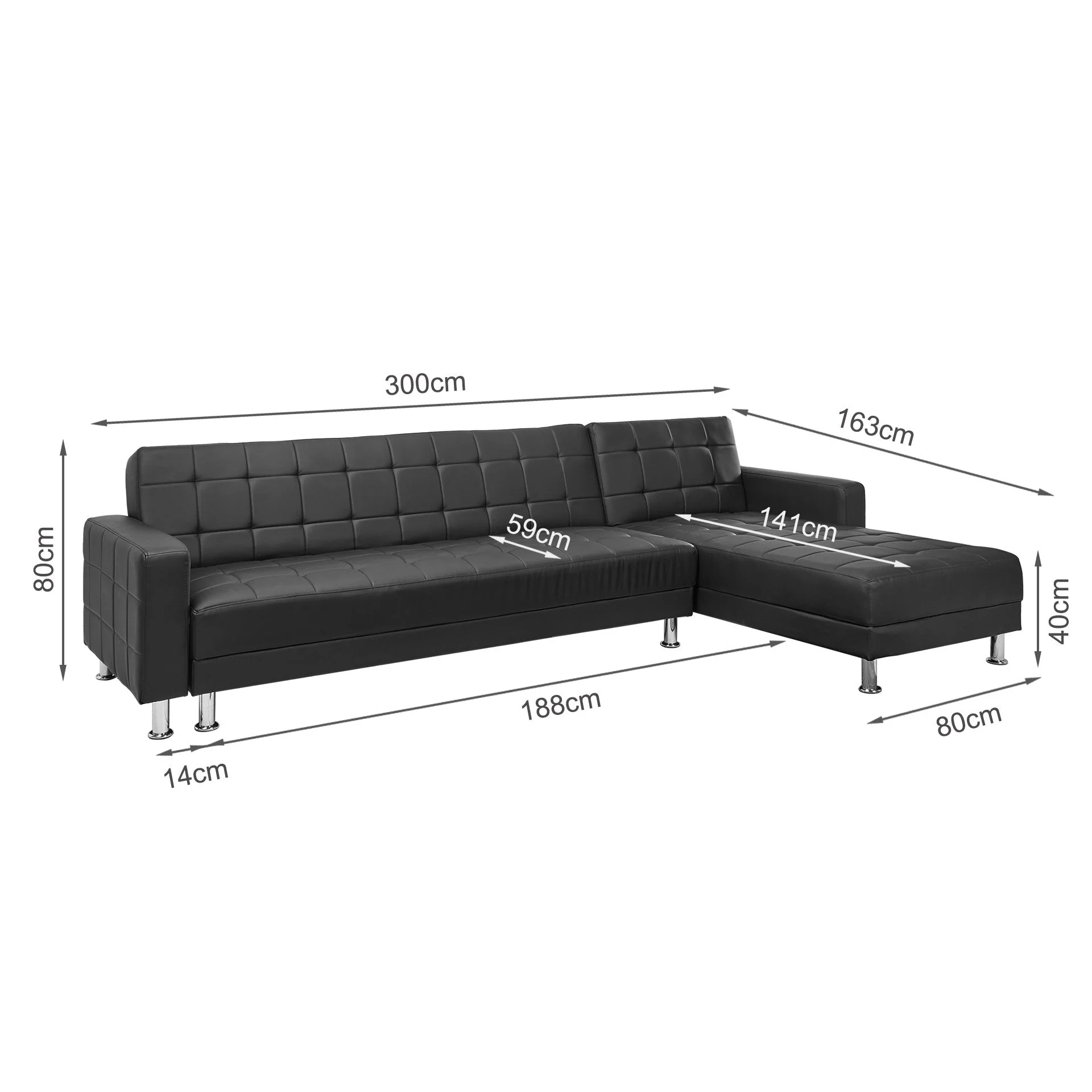 Minnesota 5 Seater Sofa Bed Futon with Chaise - Black - Image 13
