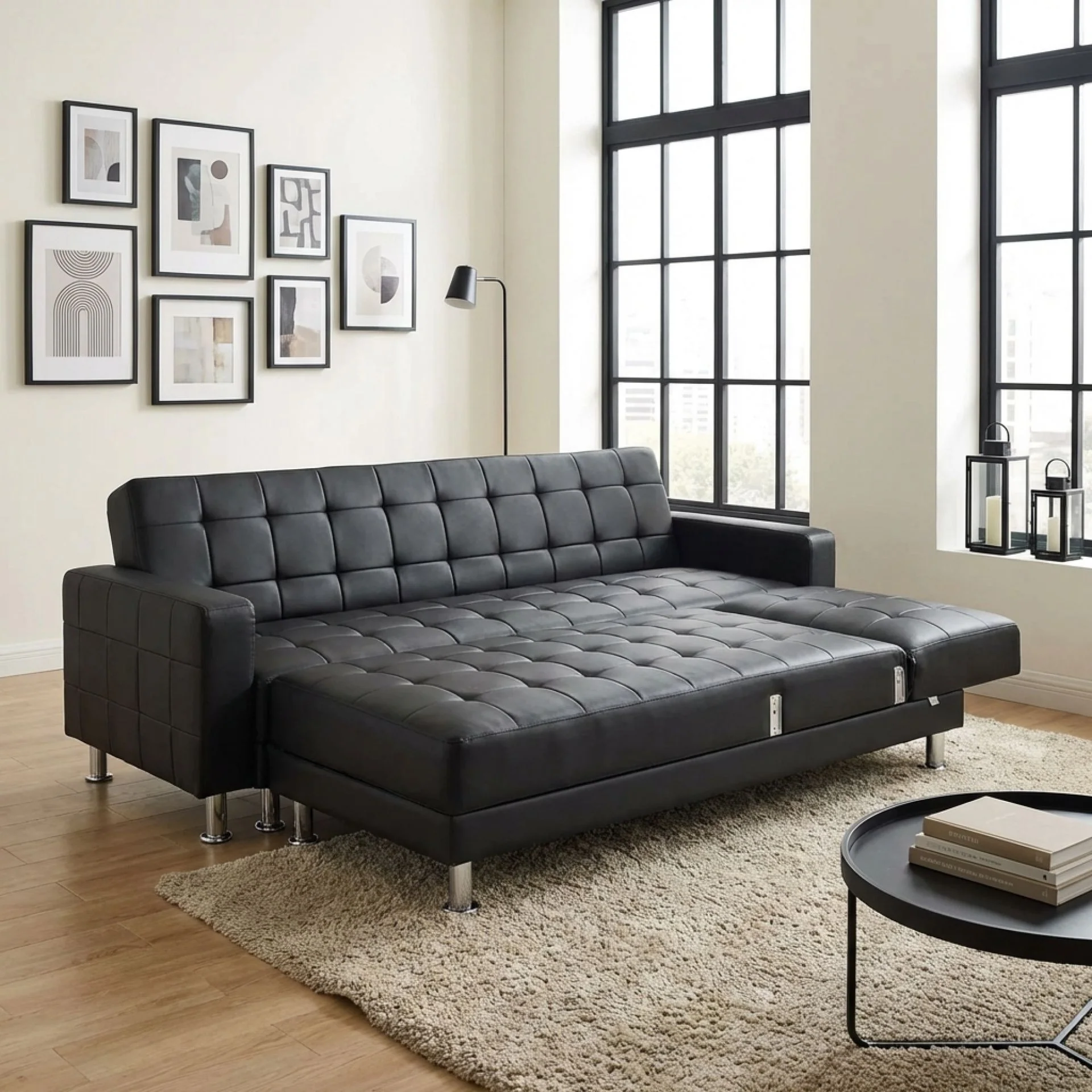 Minnesota 5 Seater Sofa Bed Futon with Chaise - Black - Image 3