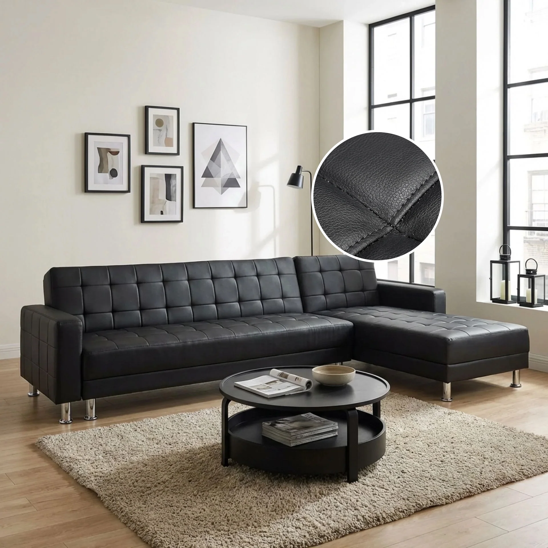 Minnesota 5 Seater Sofa Bed Futon with Chaise - Black - Image 4