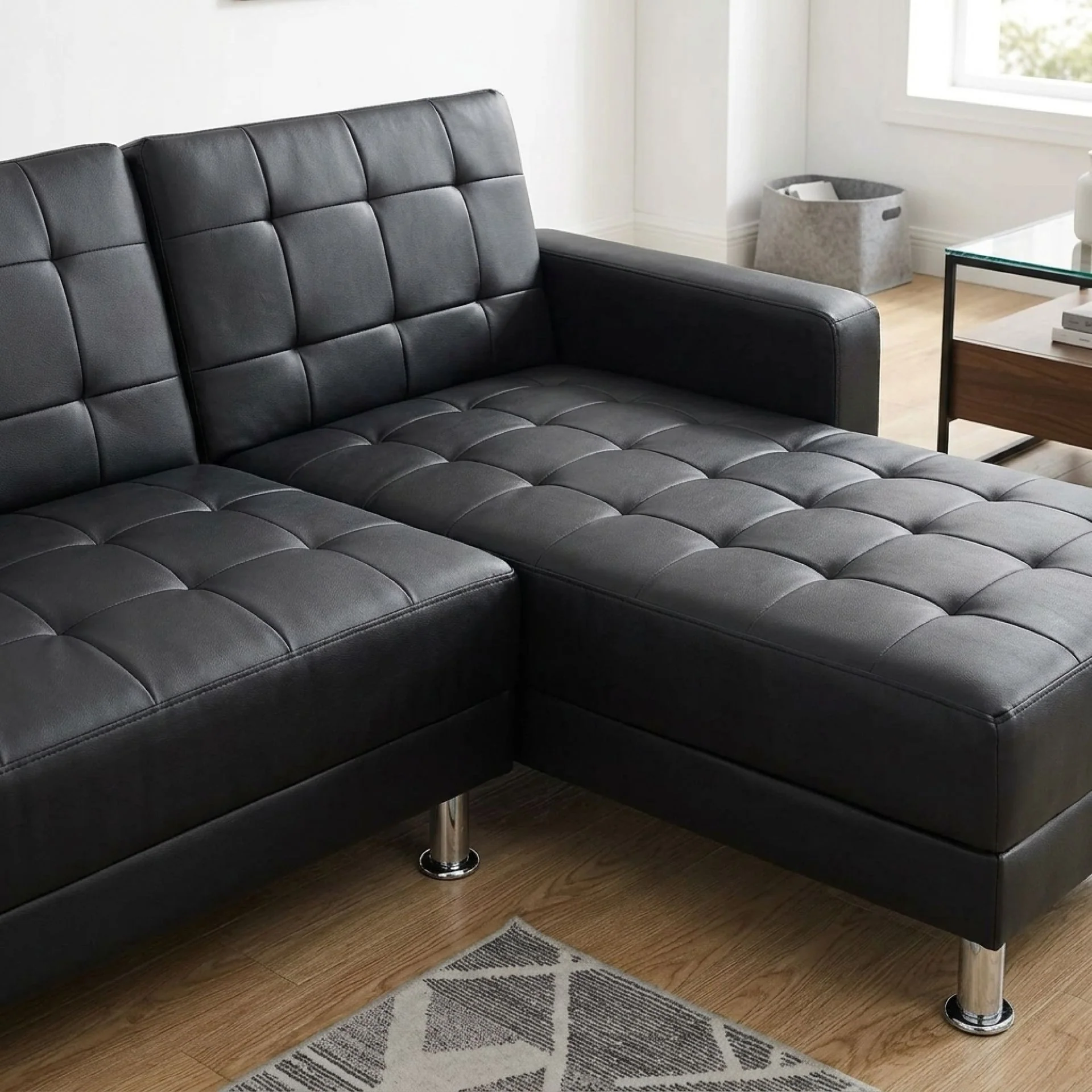 Minnesota 5 Seater Sofa Bed Futon with Chaise - Black - Image 6