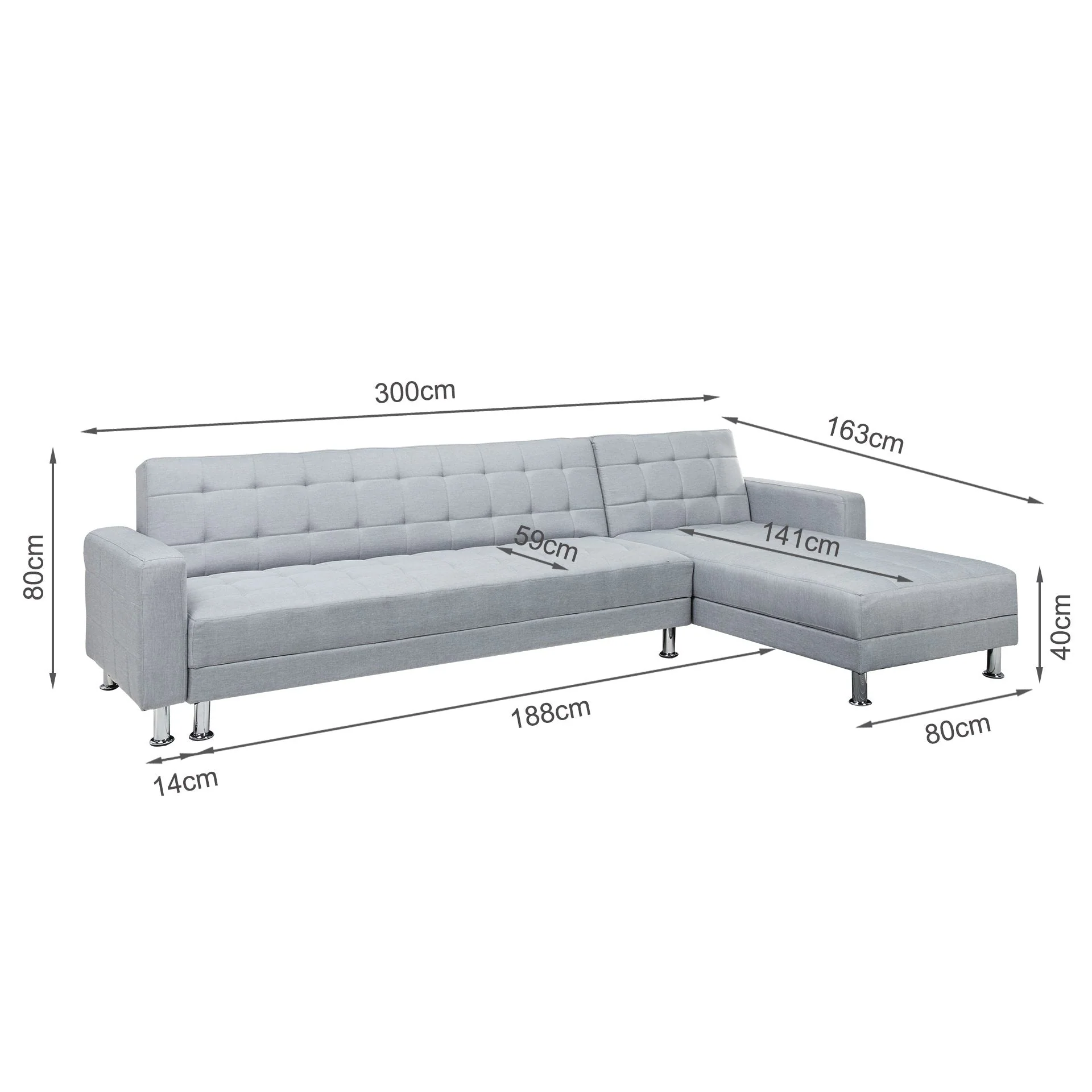 Minnesota 5 Seater Sofa Bed Futon with Chaise - Grey - Image 12