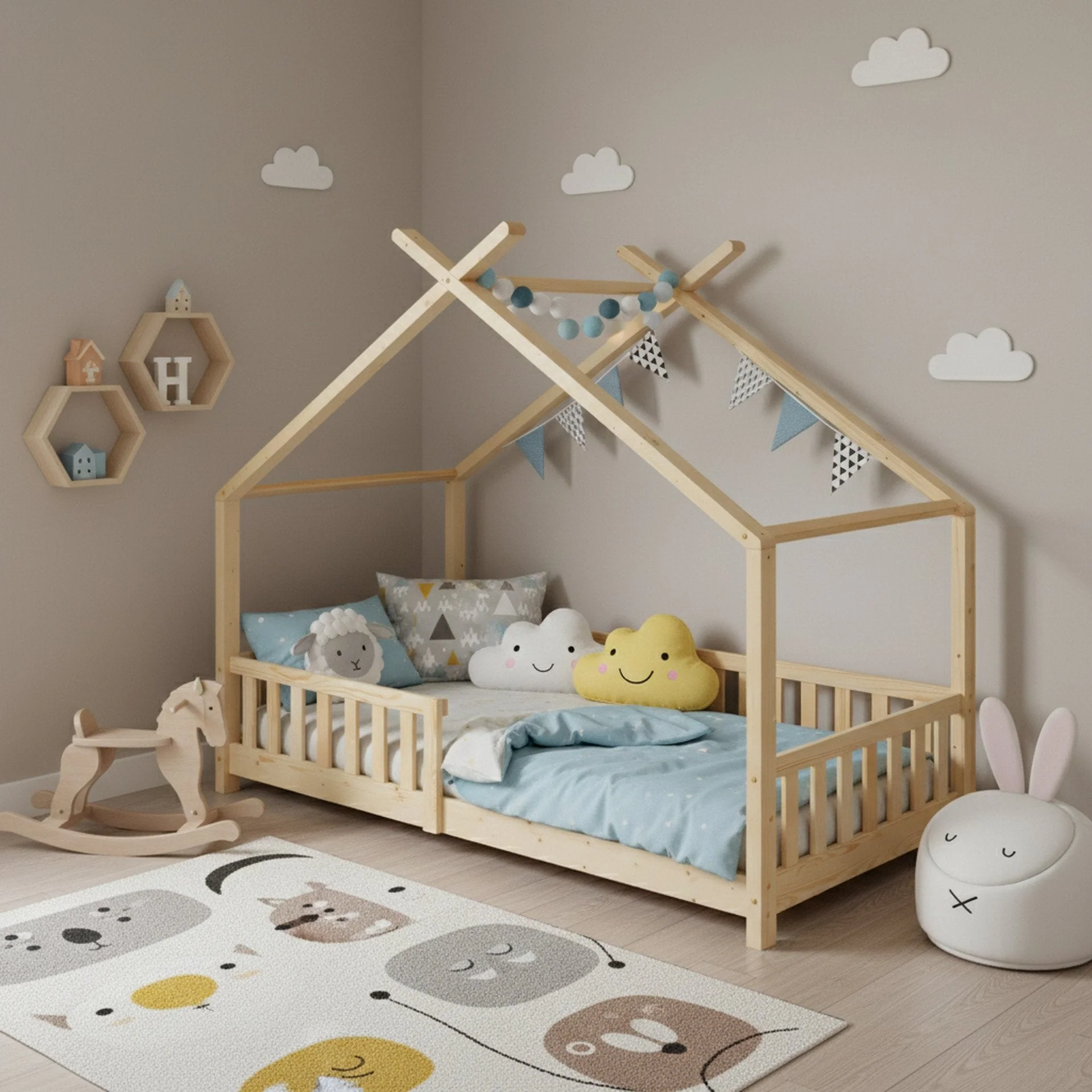 Minto Single Wooden House Bed Frame - Oak - Image 3