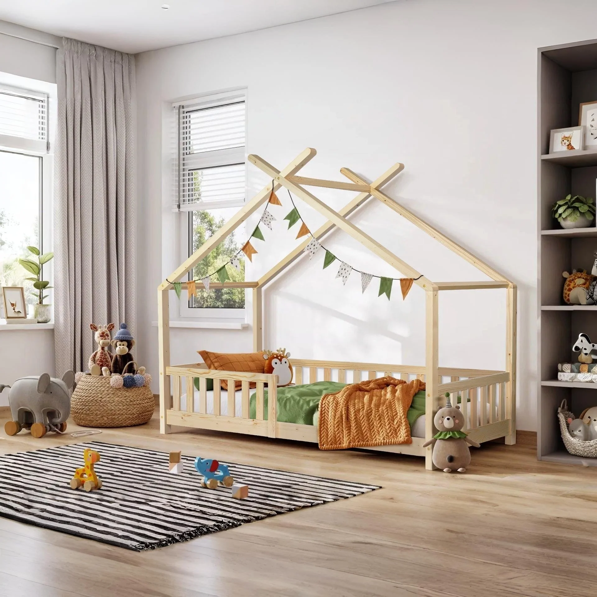 Minto Single Wooden House Bed Frame - Oak - Image 4
