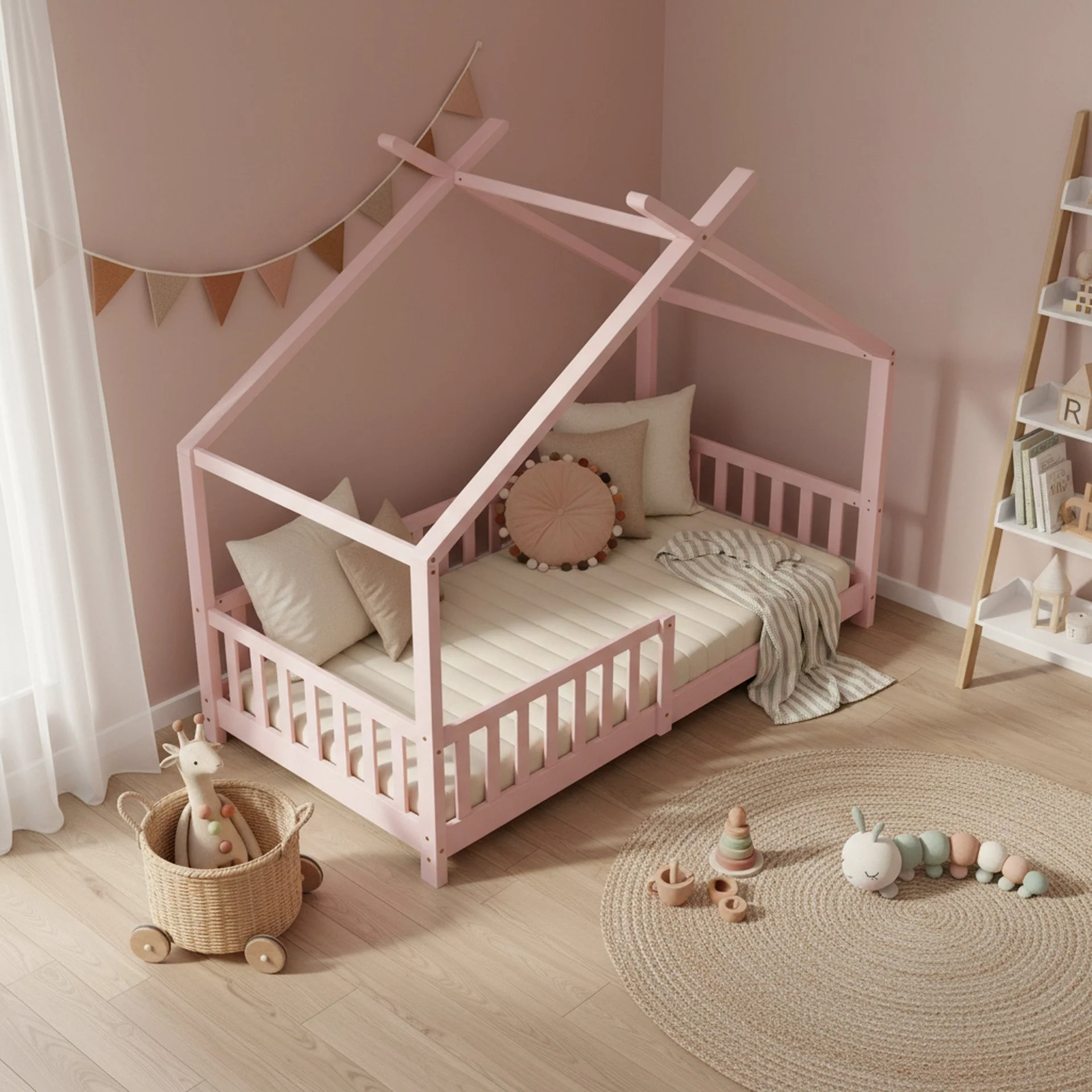 Minto Single Wooden House Bed Frame - Pink - Image 3