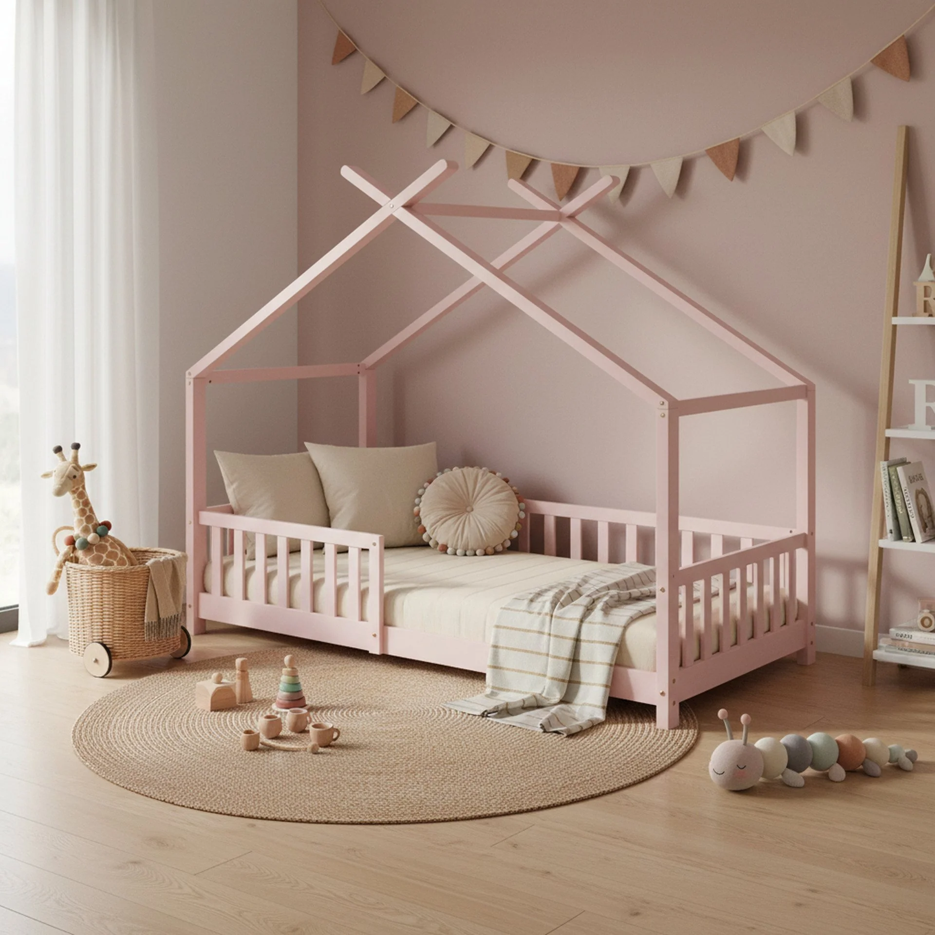 Minto Single Wooden House Bed Frame - Pink - Image 4