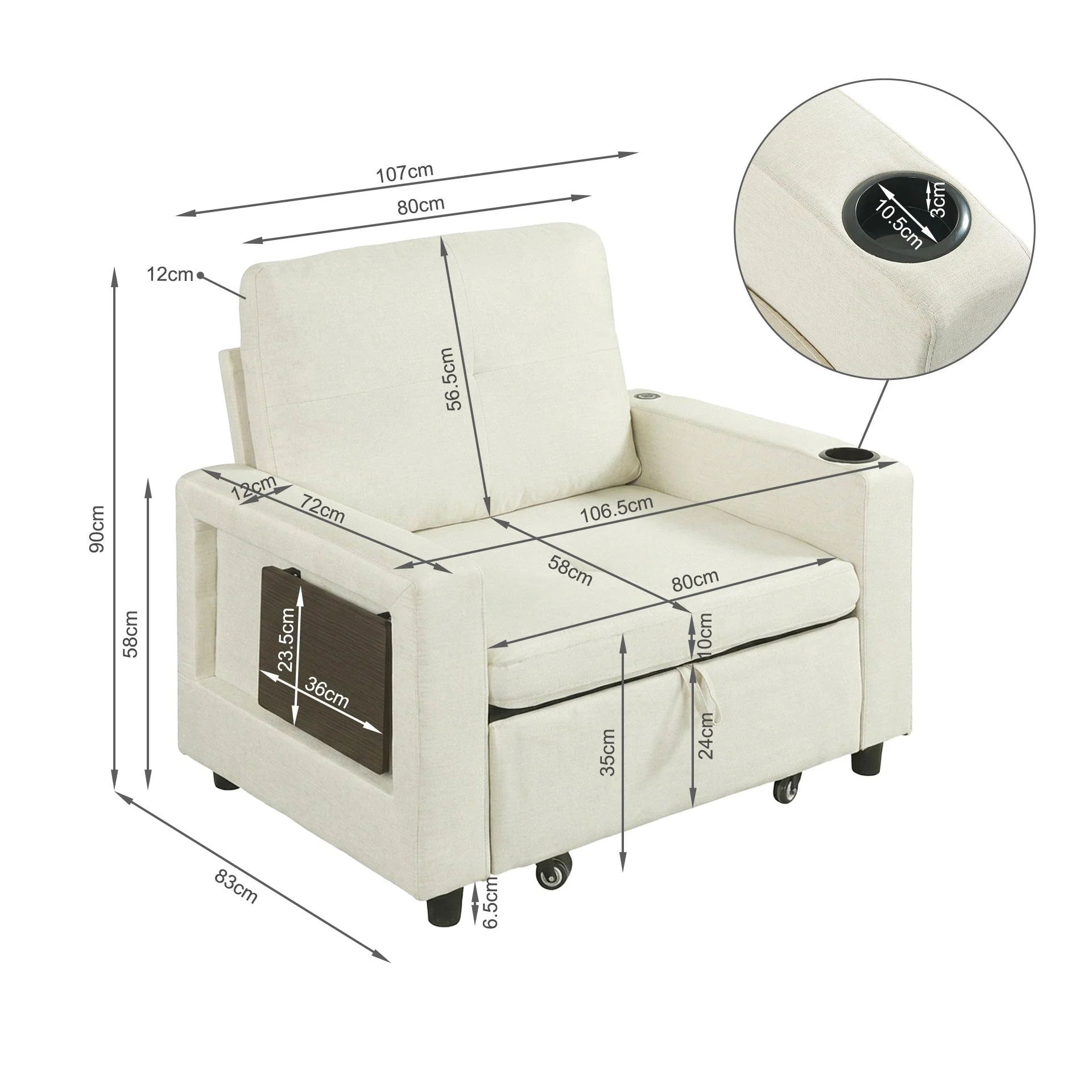 Mist 1 Seater Sofa Bed With Cup Holder And Side Tray - Cream - Image 22