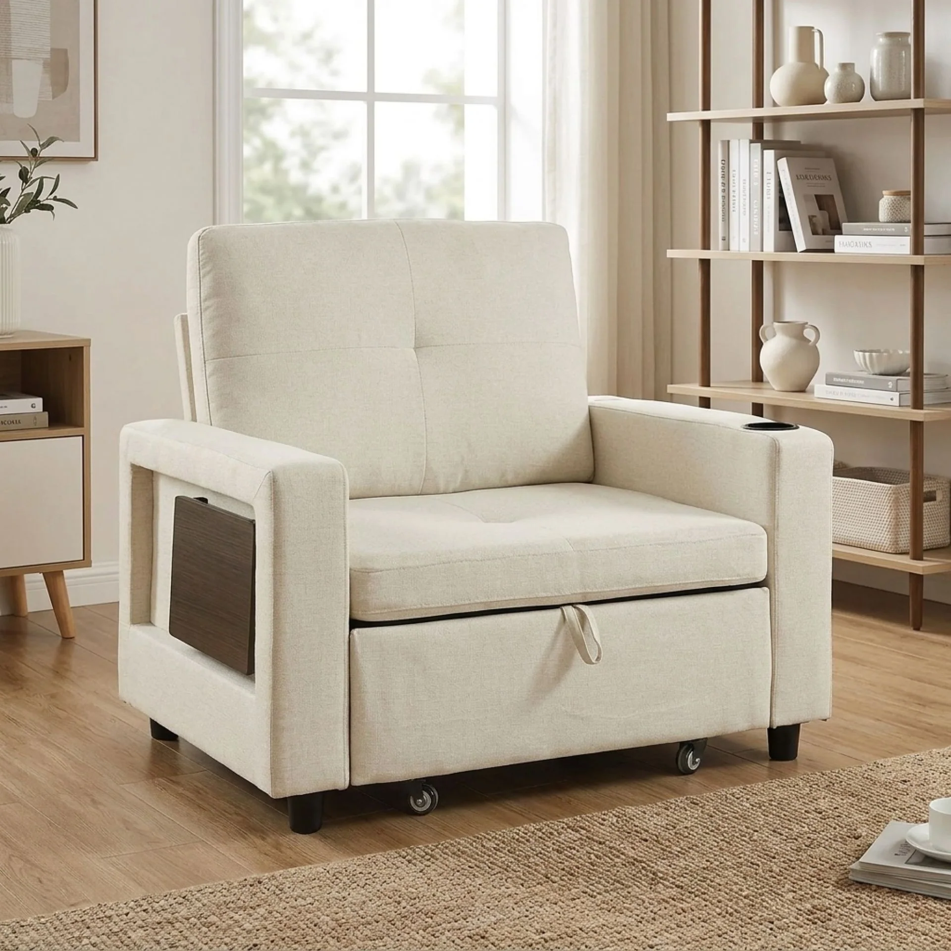 Mist 1 Seater Sofa Bed With Cup Holder And Side Tray - Cream - Image 3
