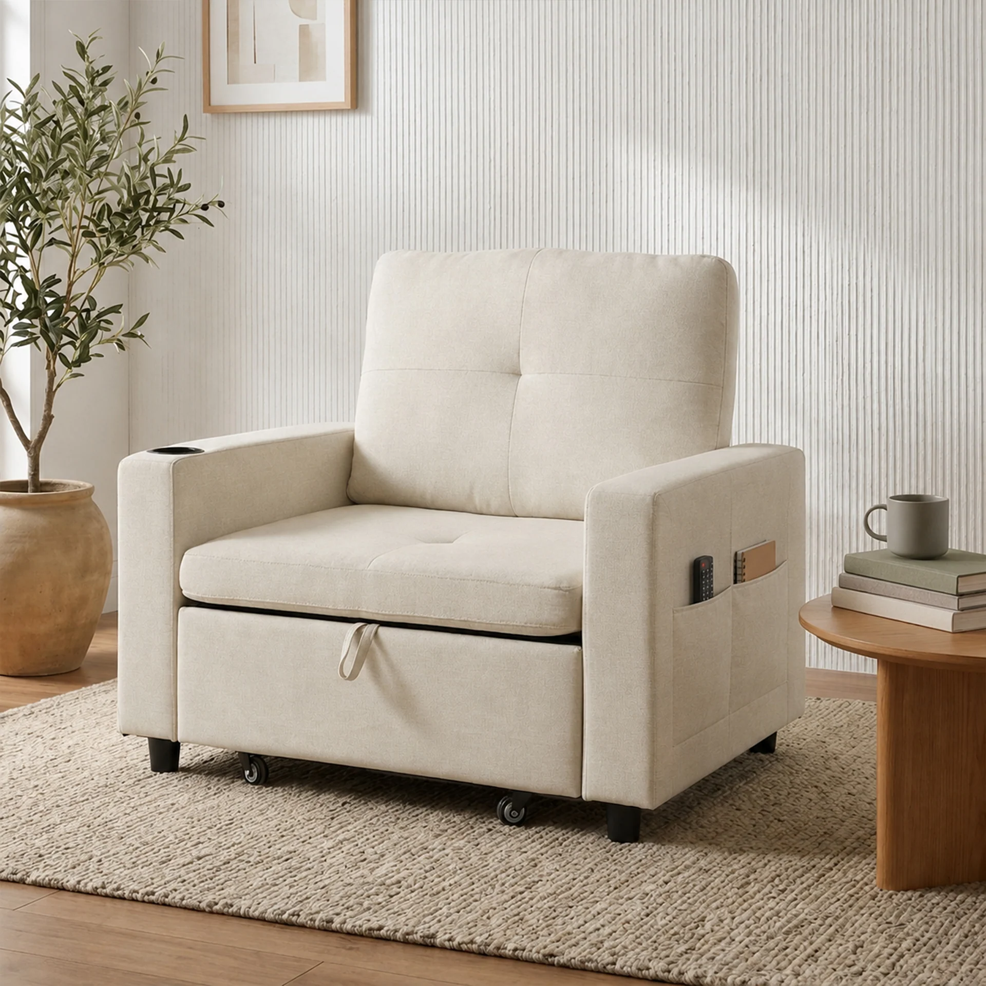 Mist 1 Seater Sofa Bed With Cup Holder And Side Tray - Cream - Image 4