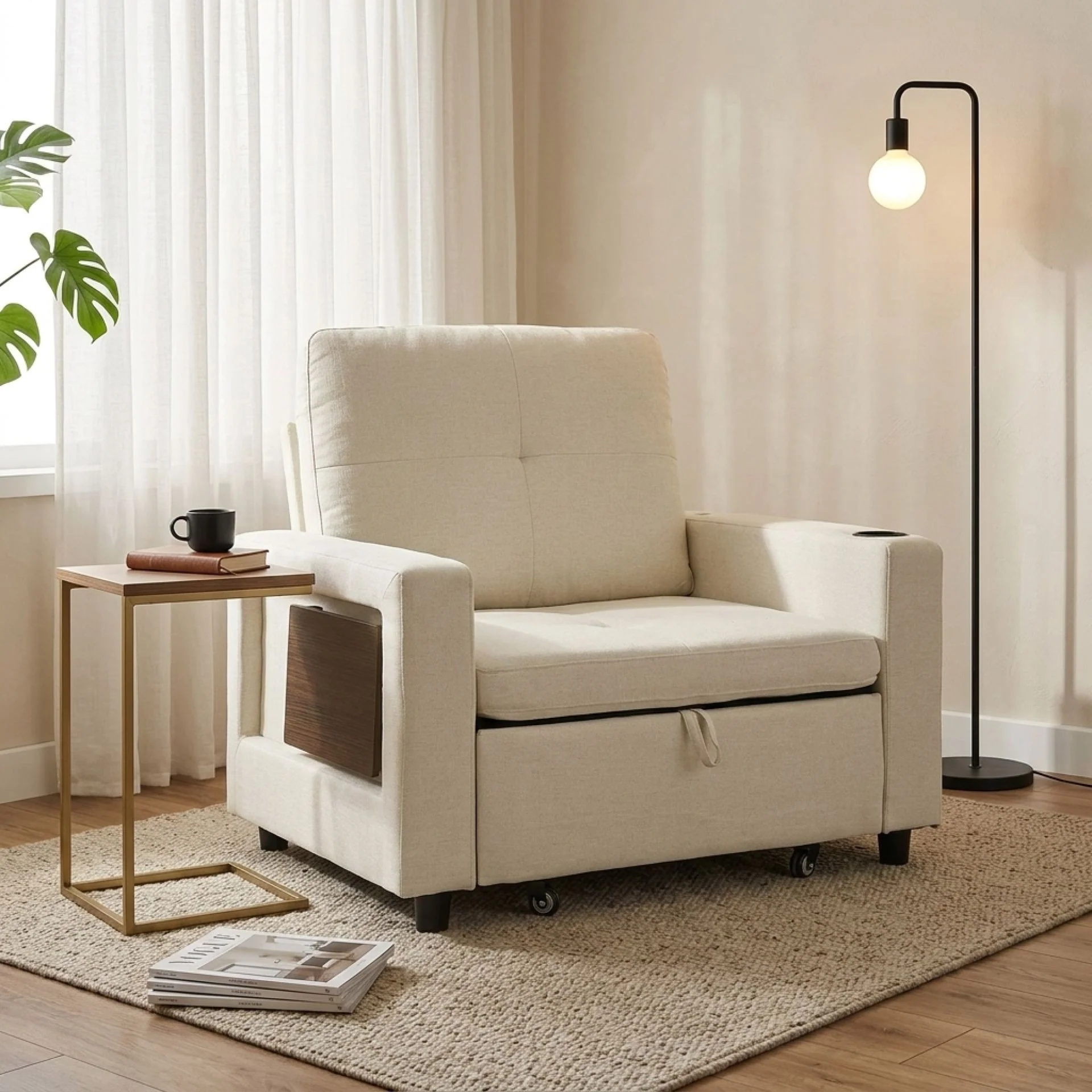 Mist 1 Seater Sofa Bed With Cup Holder And Side Tray - Cream - Image 5