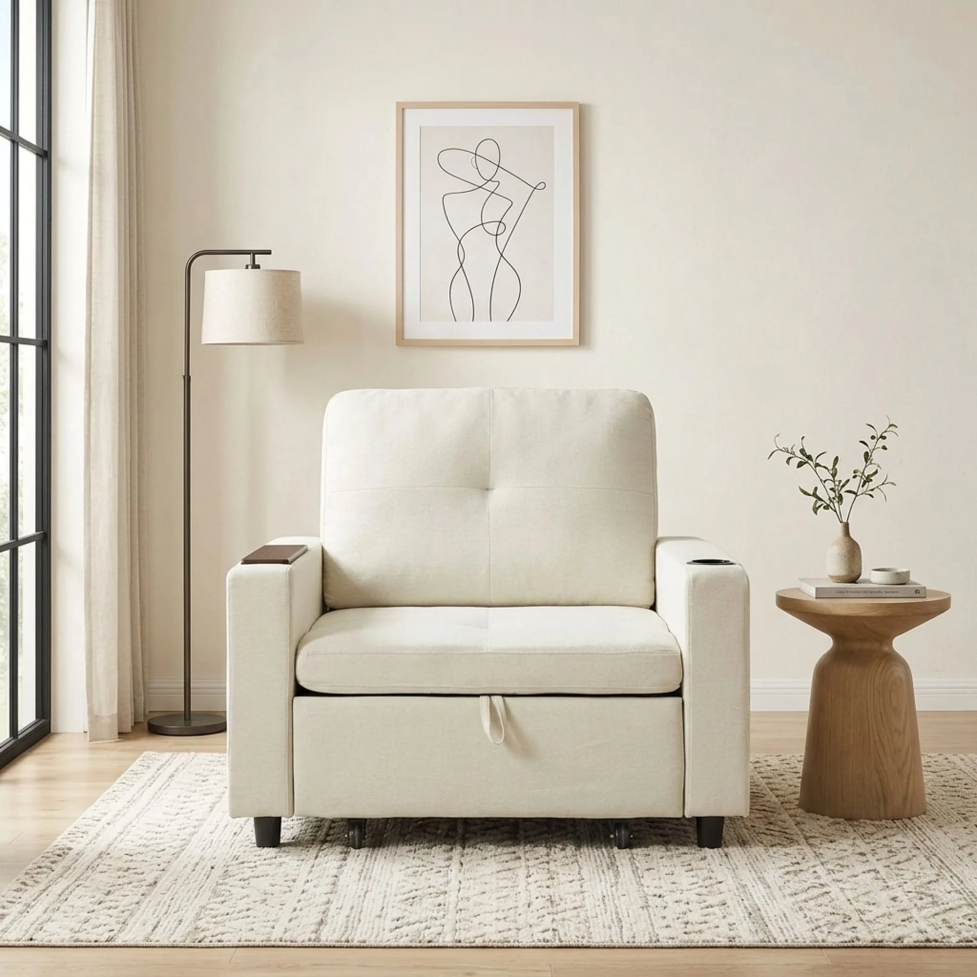 Mist 1 Seater Sofa Bed With Cup Holder And Side Tray - Cream - Image 6