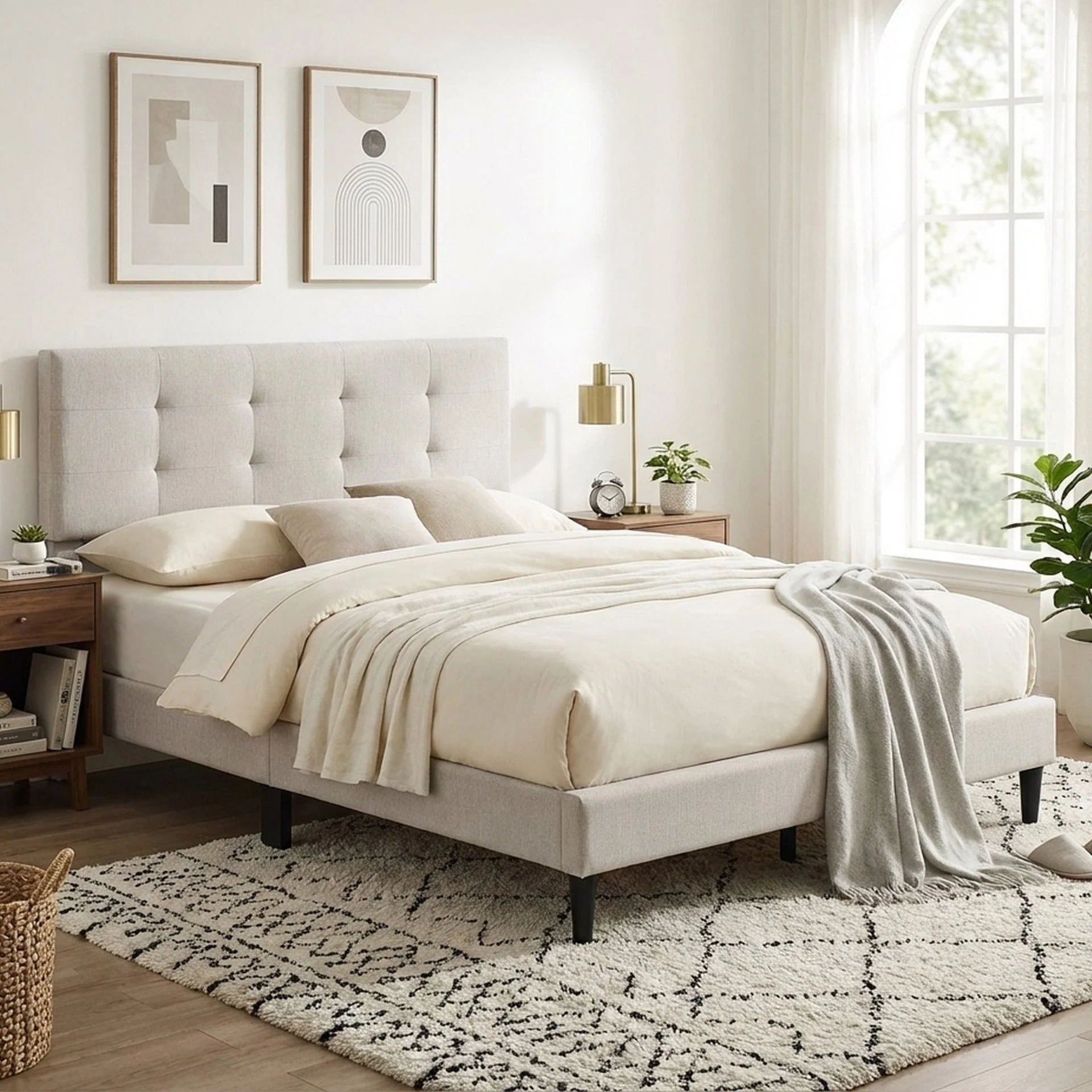 Mitre Queen Fabric Bed Frame - Stone
