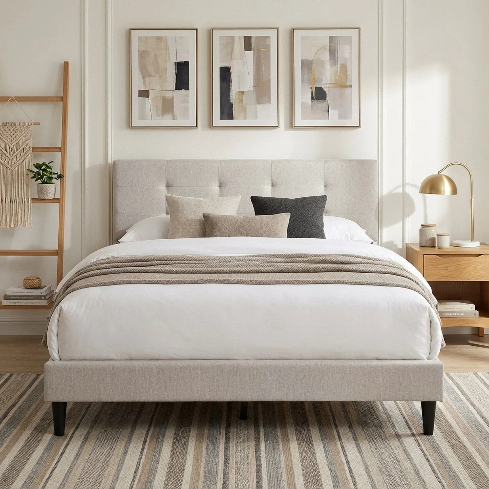 Mitre Queen Fabric Bed Frame - Stone - Image 2