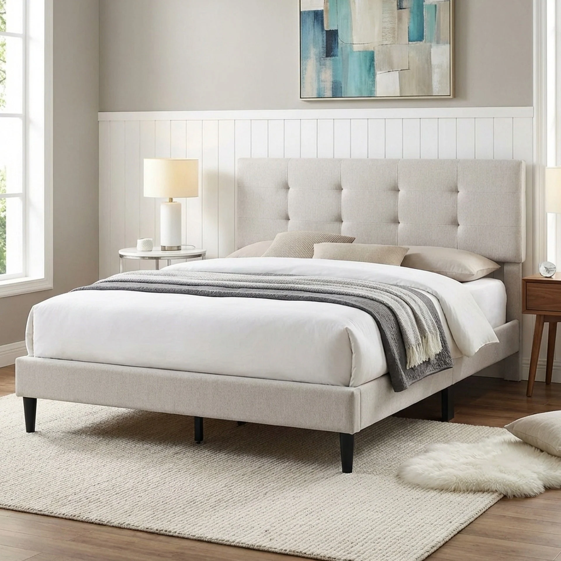 Mitre Queen Fabric Bed Frame - Stone - Image 3