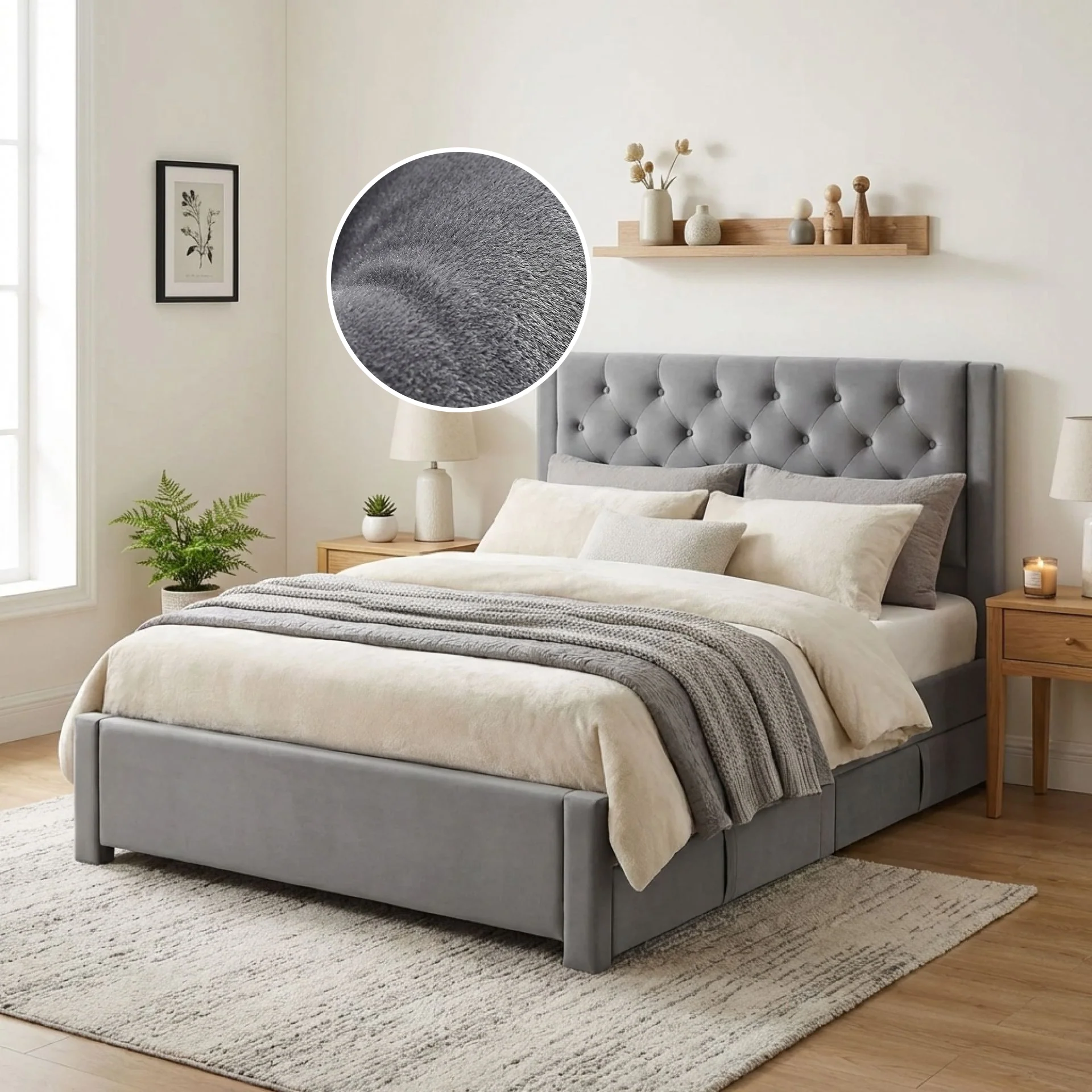 Montana Velvet Double Bed Frame with 4 Drawers - Grey - Image 2