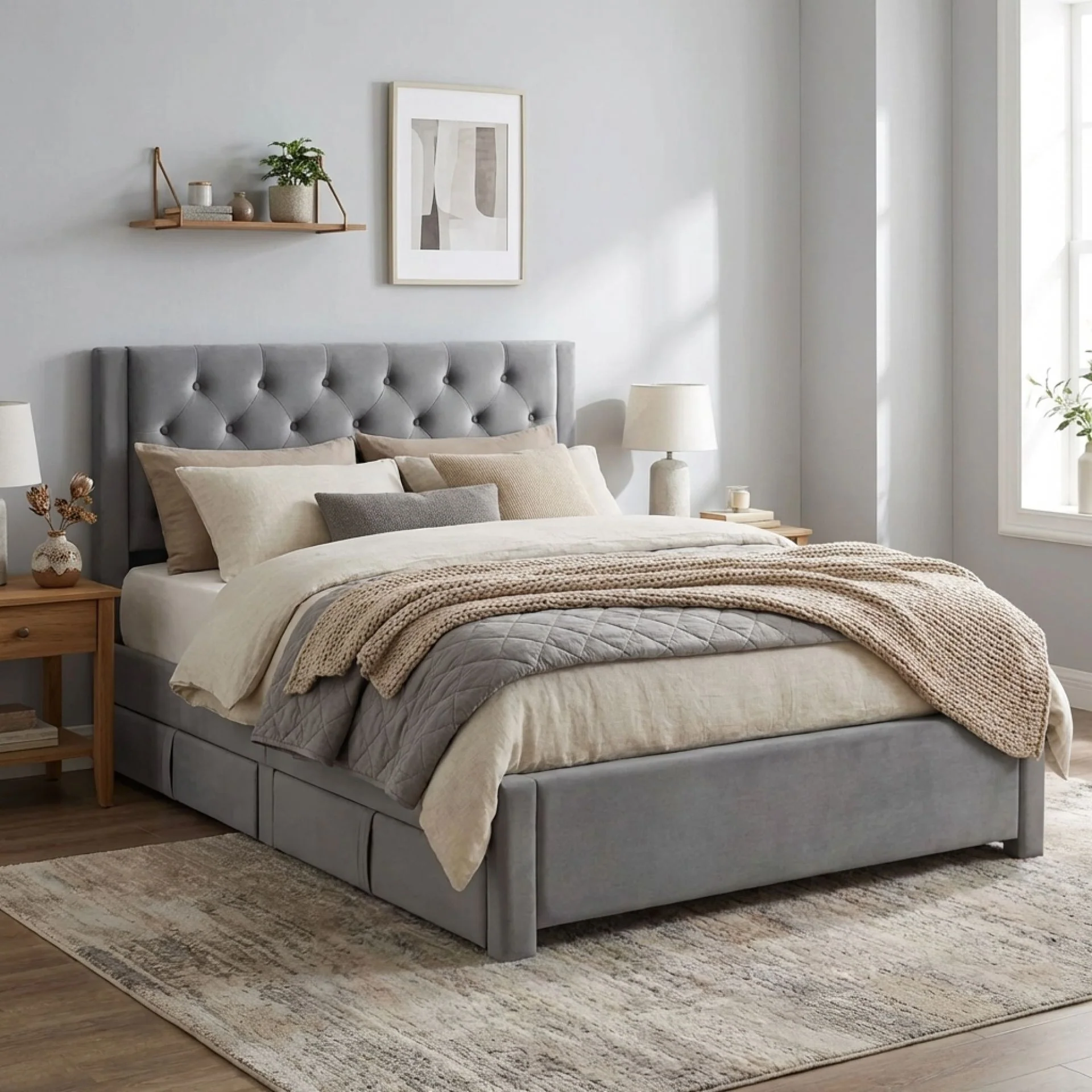 Montana Velvet Double Bed Frame with 4 Drawers - Grey - Image 4