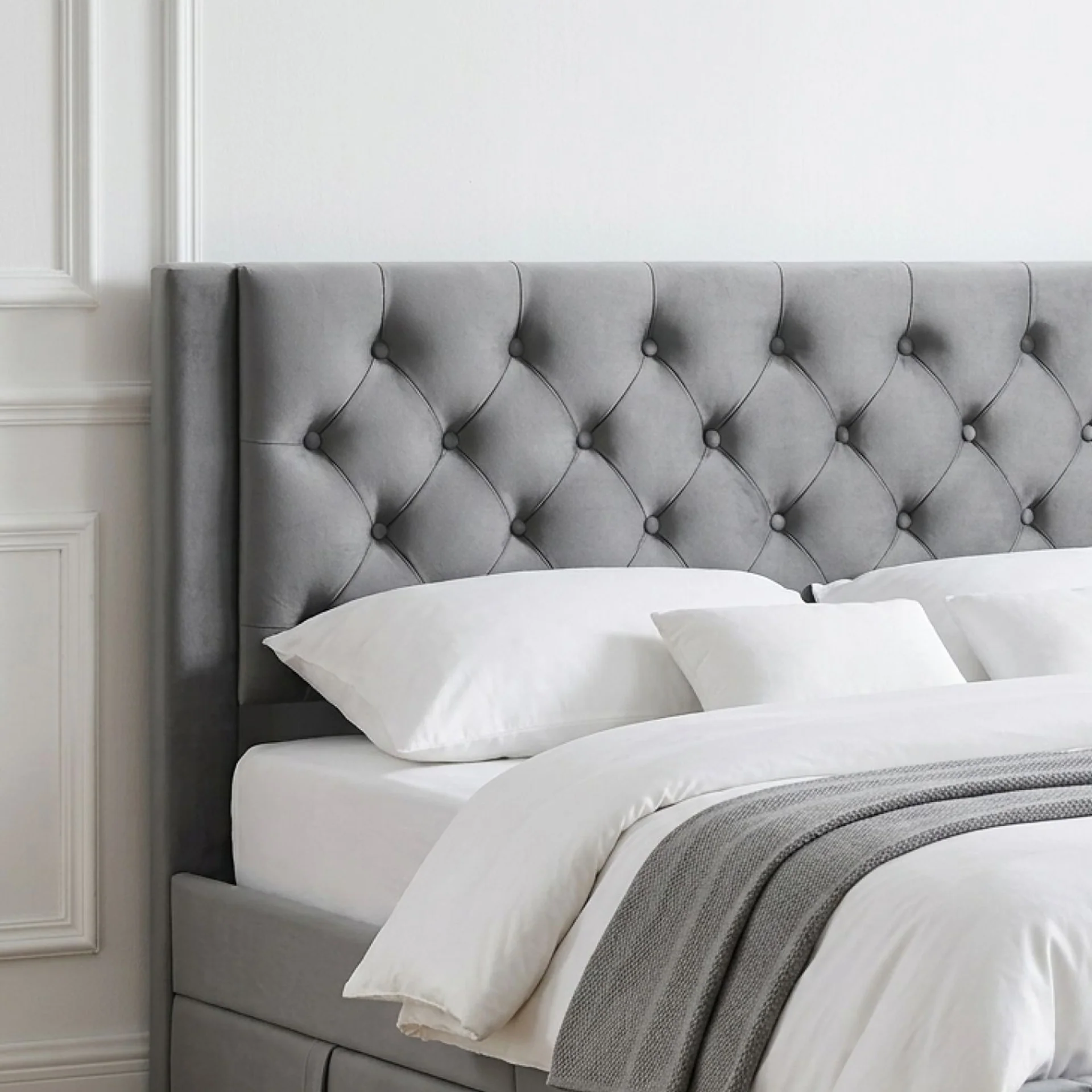 Montana Velvet Queen Bed Frame with 4 Drawers - Grey - Image 4