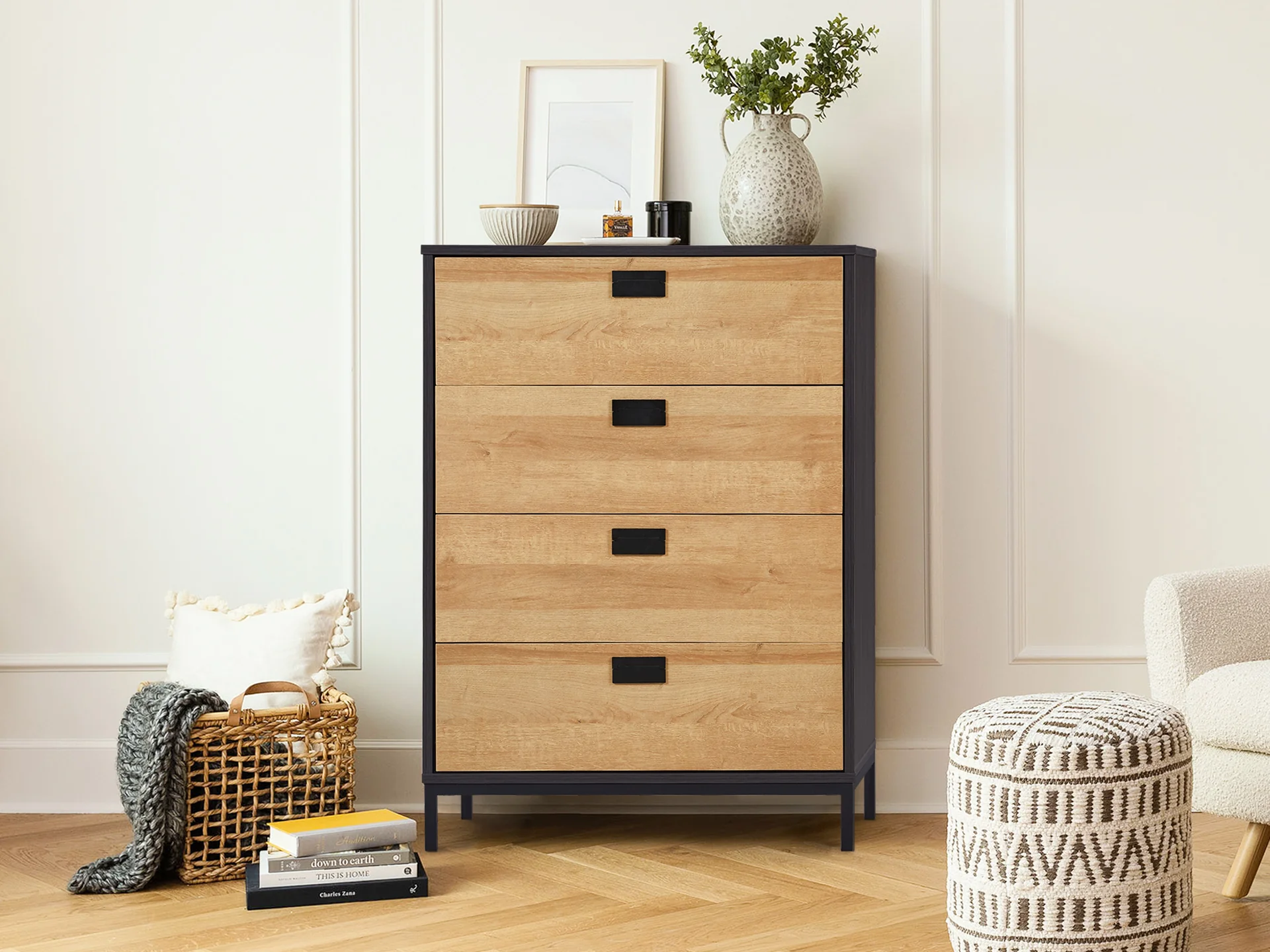 MORRIS Wooden Tallboy 4 Drawers - Oak - Image 3