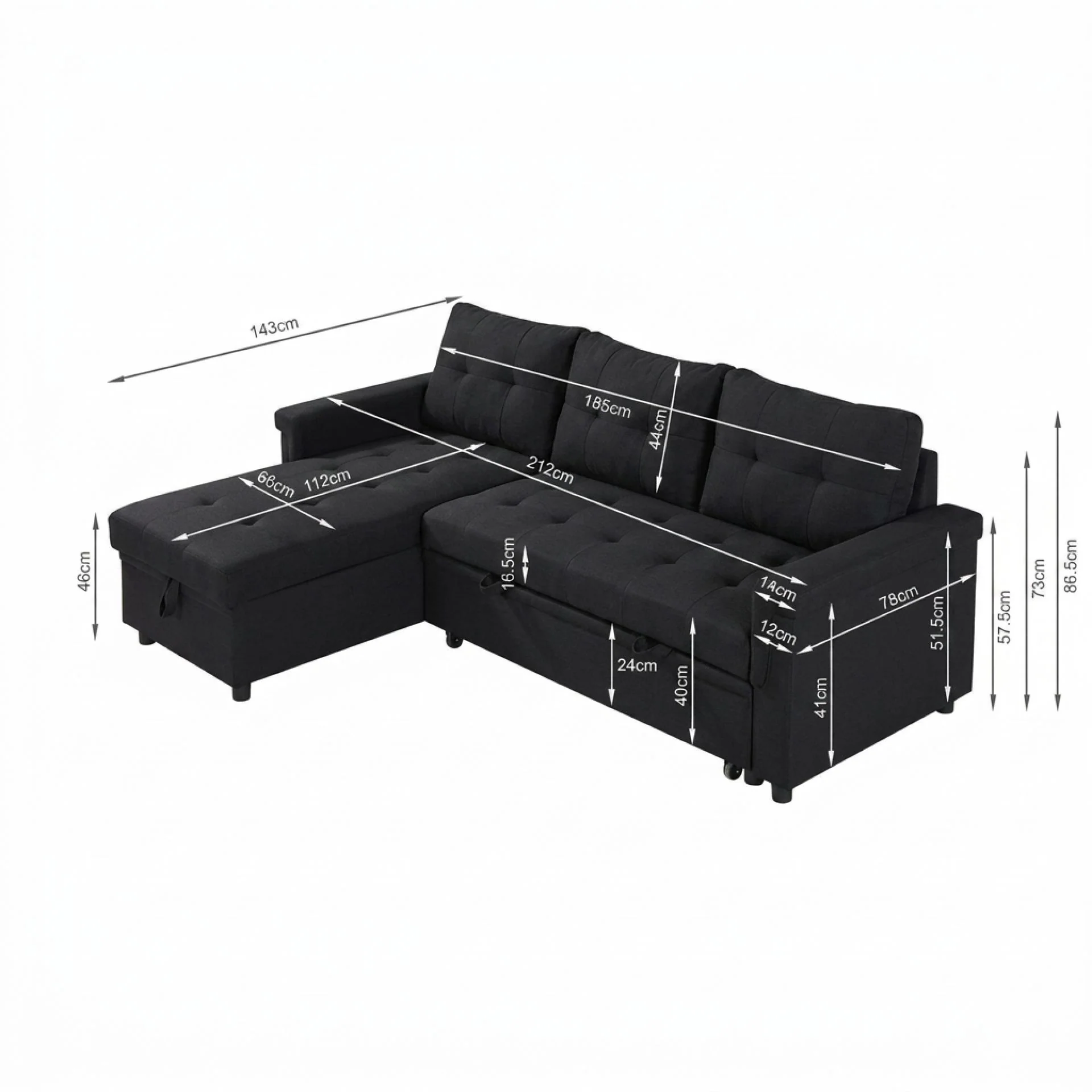 Murphy 3 Seater Sofa Bed with Storage - Black - Image 14
