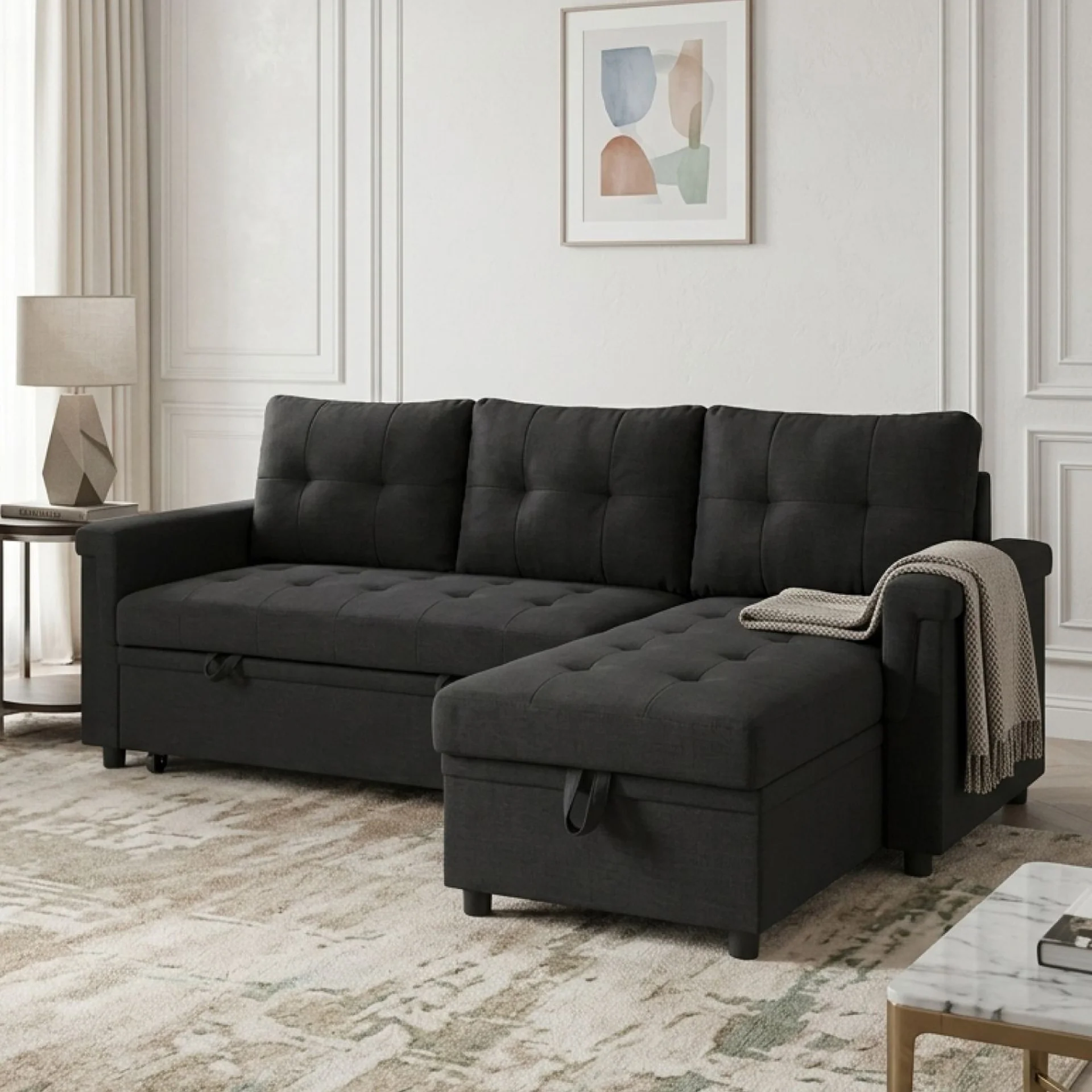 Murphy 3 Seater Sofa Bed with Storage - Black - Image 3
