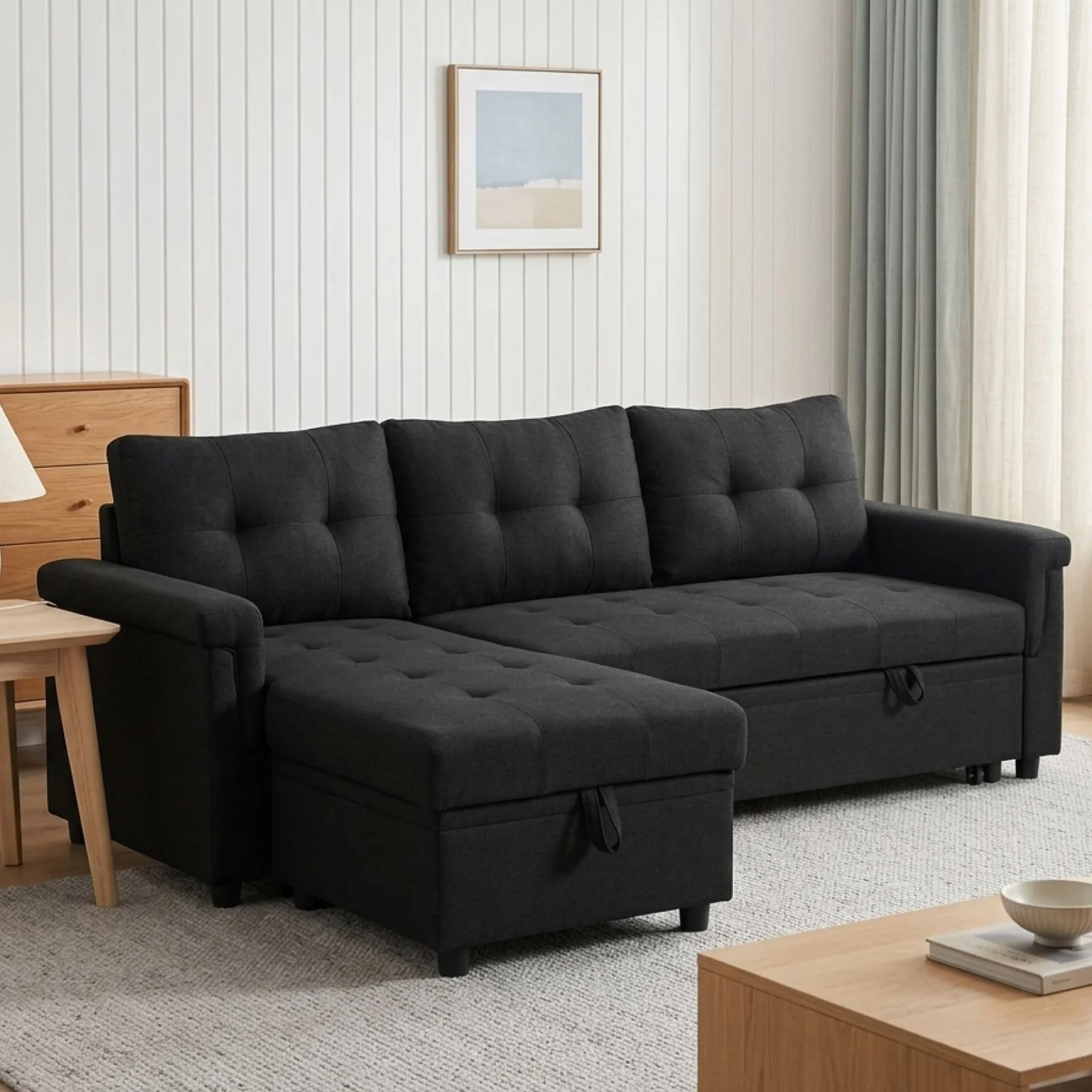 Murphy 3 Seater Sofa Bed with Storage - Black - Image 4