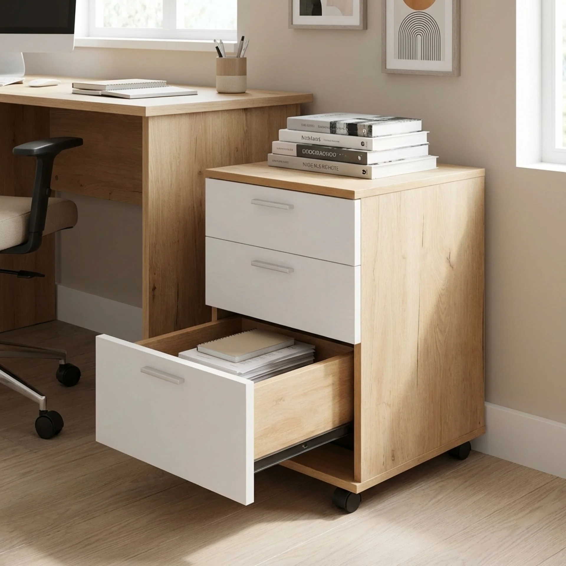 Nakia 3 Drawer Filing Cabinet - Oak + White - Image 2