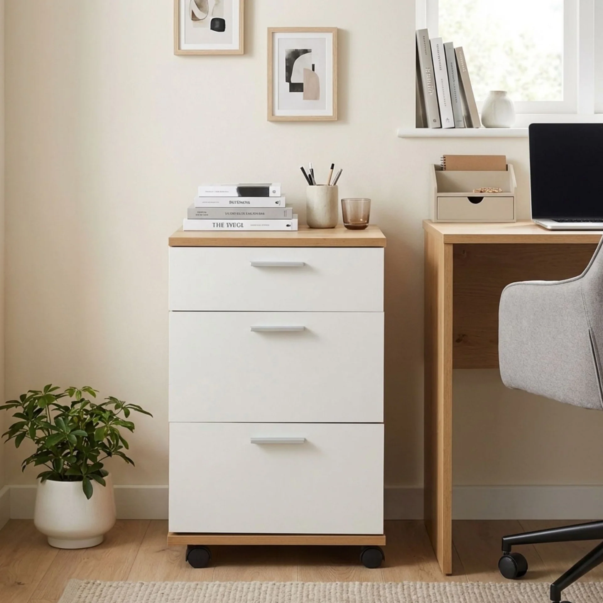 Nakia 3 Drawer Filing Cabinet - Oak + White - Image 3