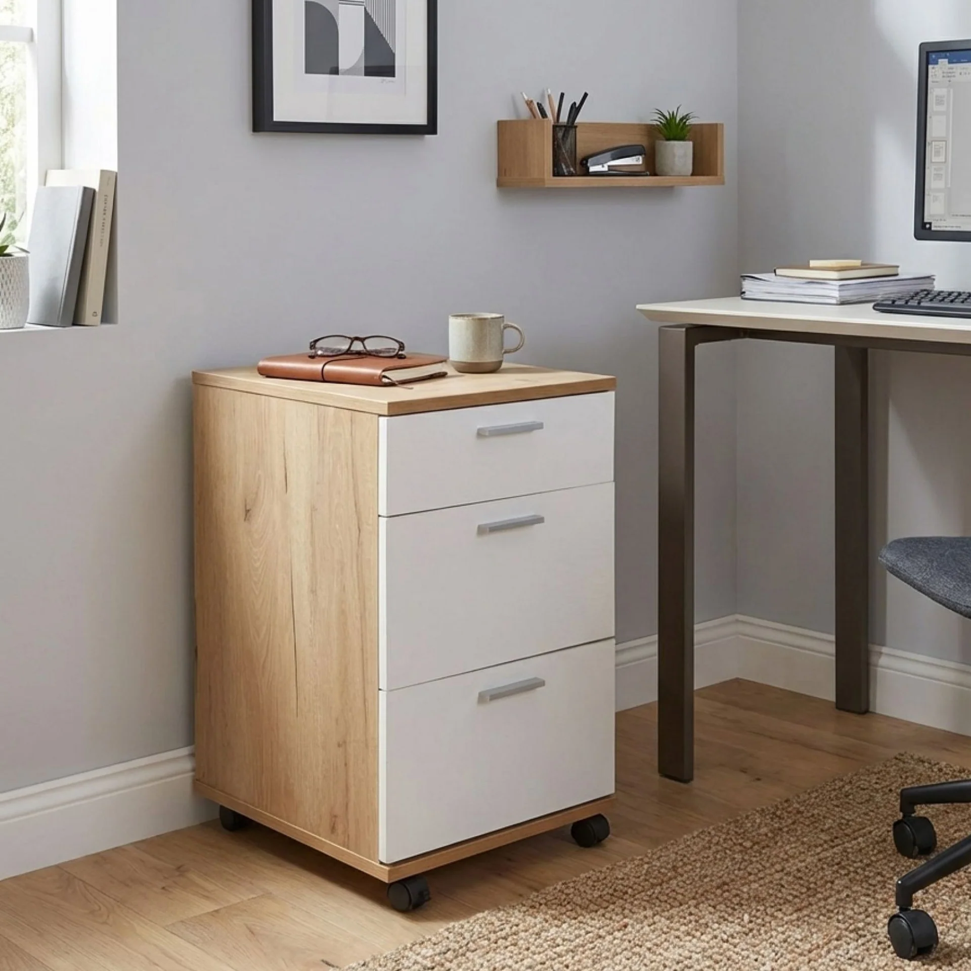 Nakia 3 Drawer Filing Cabinet - Oak + White - Image 4