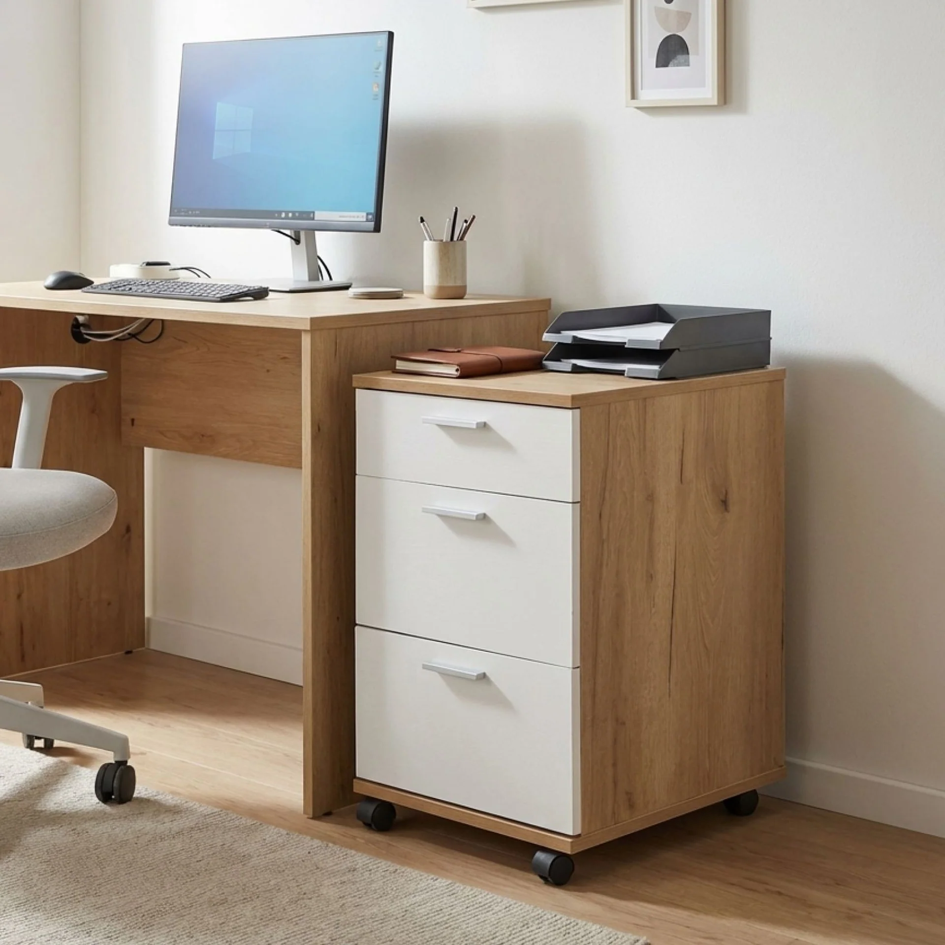 Nakia 3 Drawer Filing Cabinet - Oak + White - Image 5