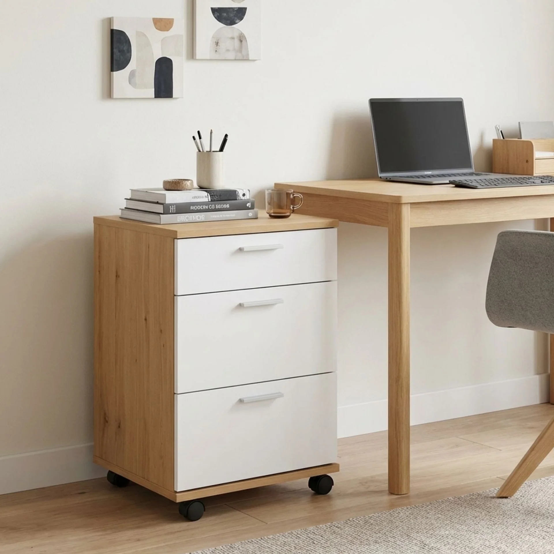 Nakia 3 Drawer Filing Cabinet - Oak + White - Image 6