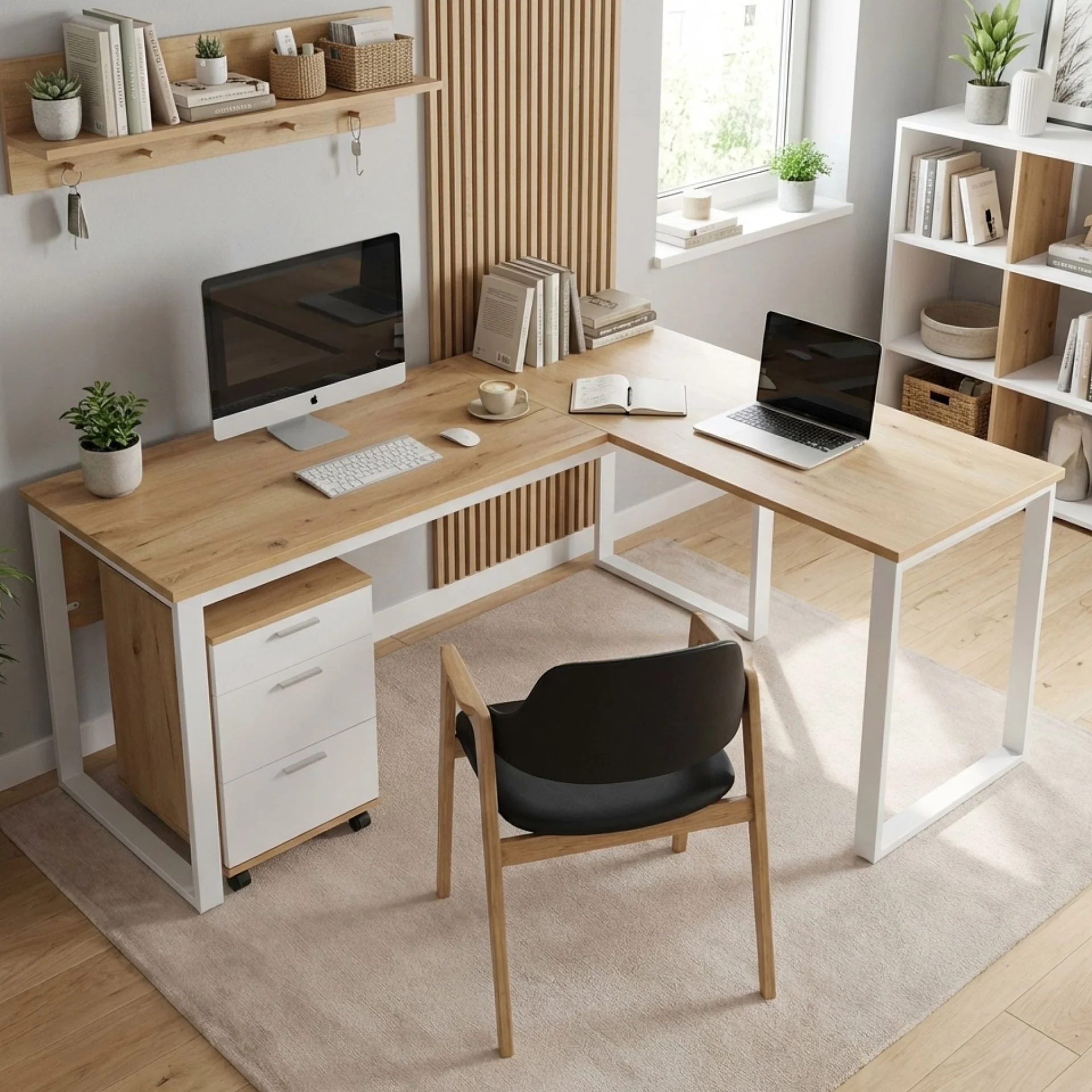 Nakia Corner Desk With Filing Cabinet Set - Oak