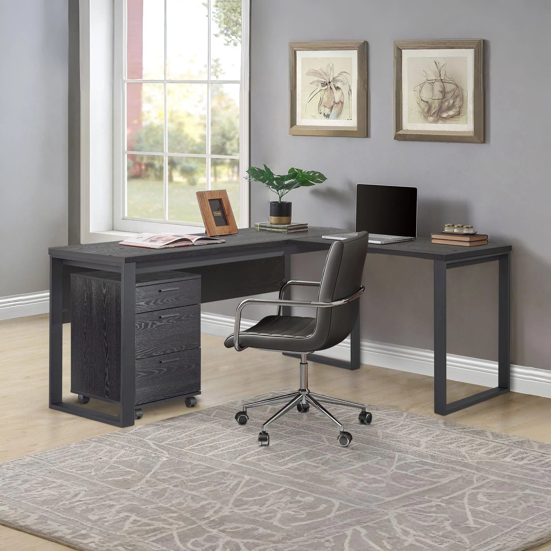Nakia Corner Desk With Filing Cabinet Set - Black - Image 5