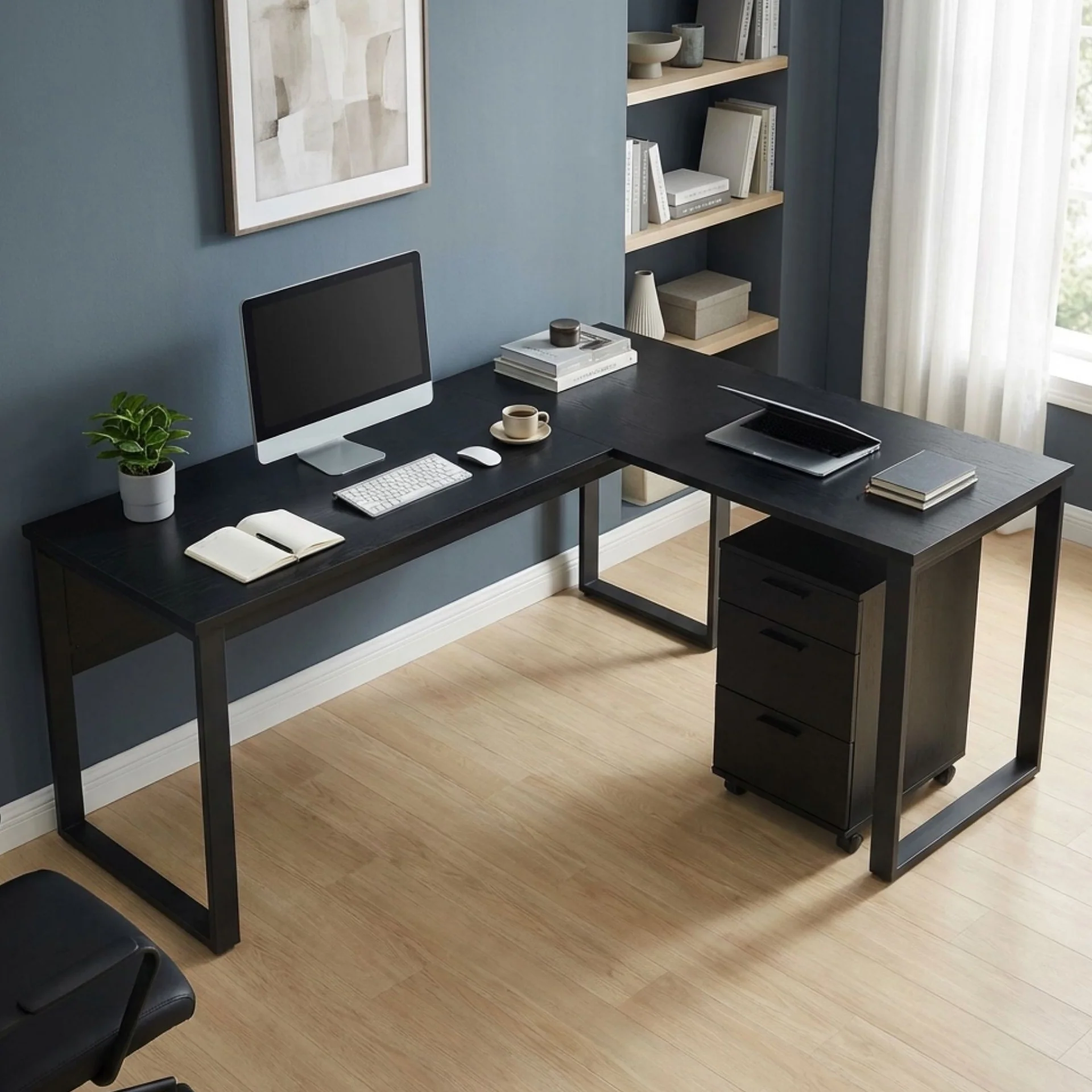 Nakia Corner Desk With Filing Cabinet Set - Black - Image 6