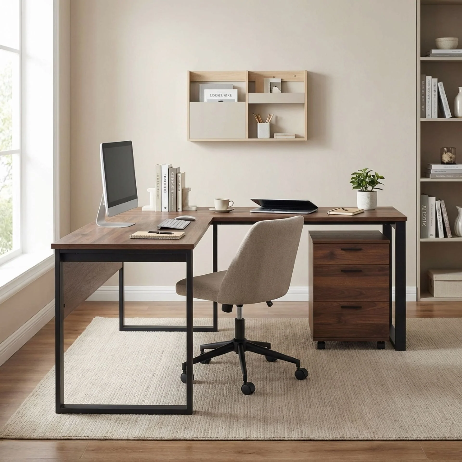 Nakia Corner Desk With Filing Cabinet Set - Walnut - Image 2