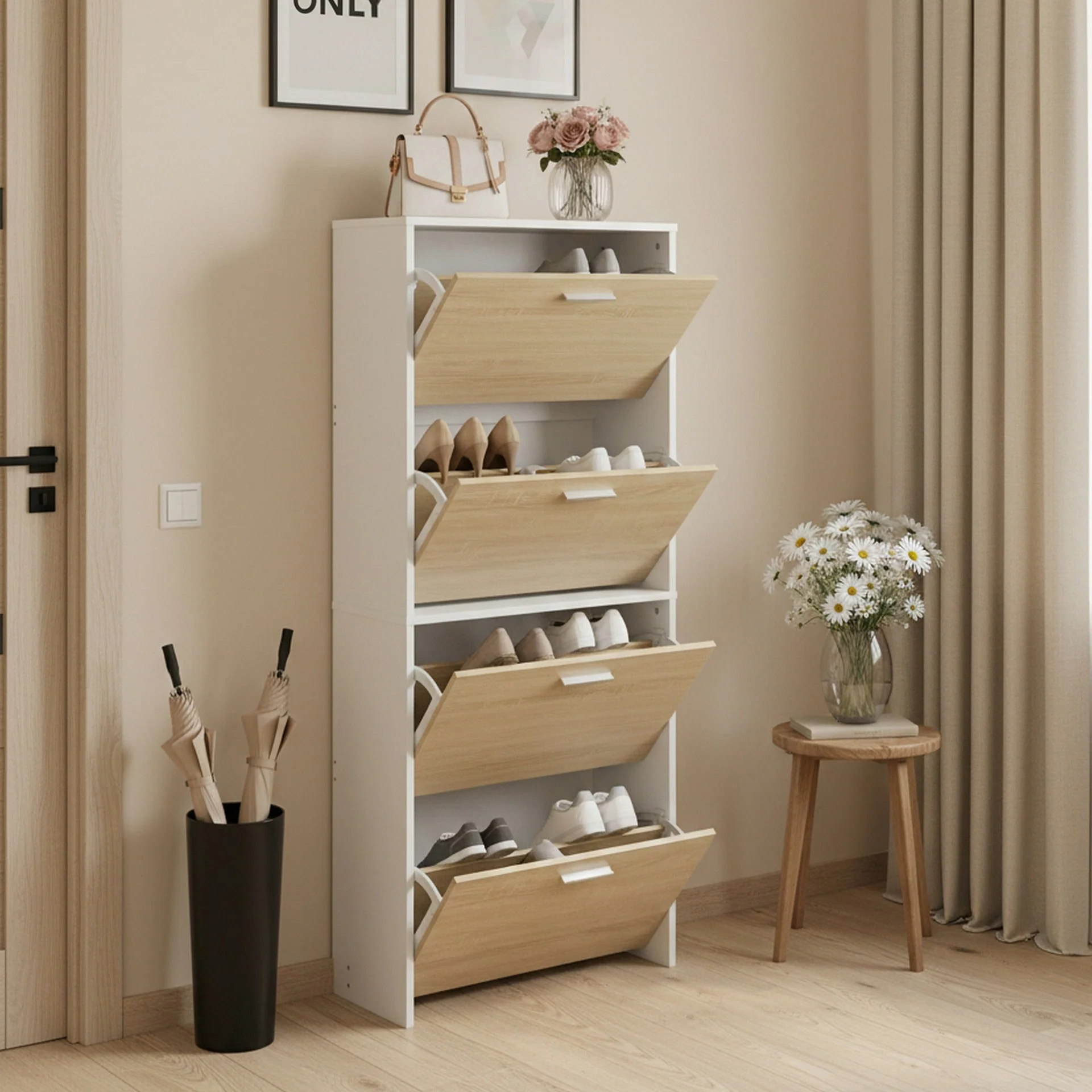 Navo 4 Drawer Shoe Cabinet Storage Rack - White Oak - Image 5