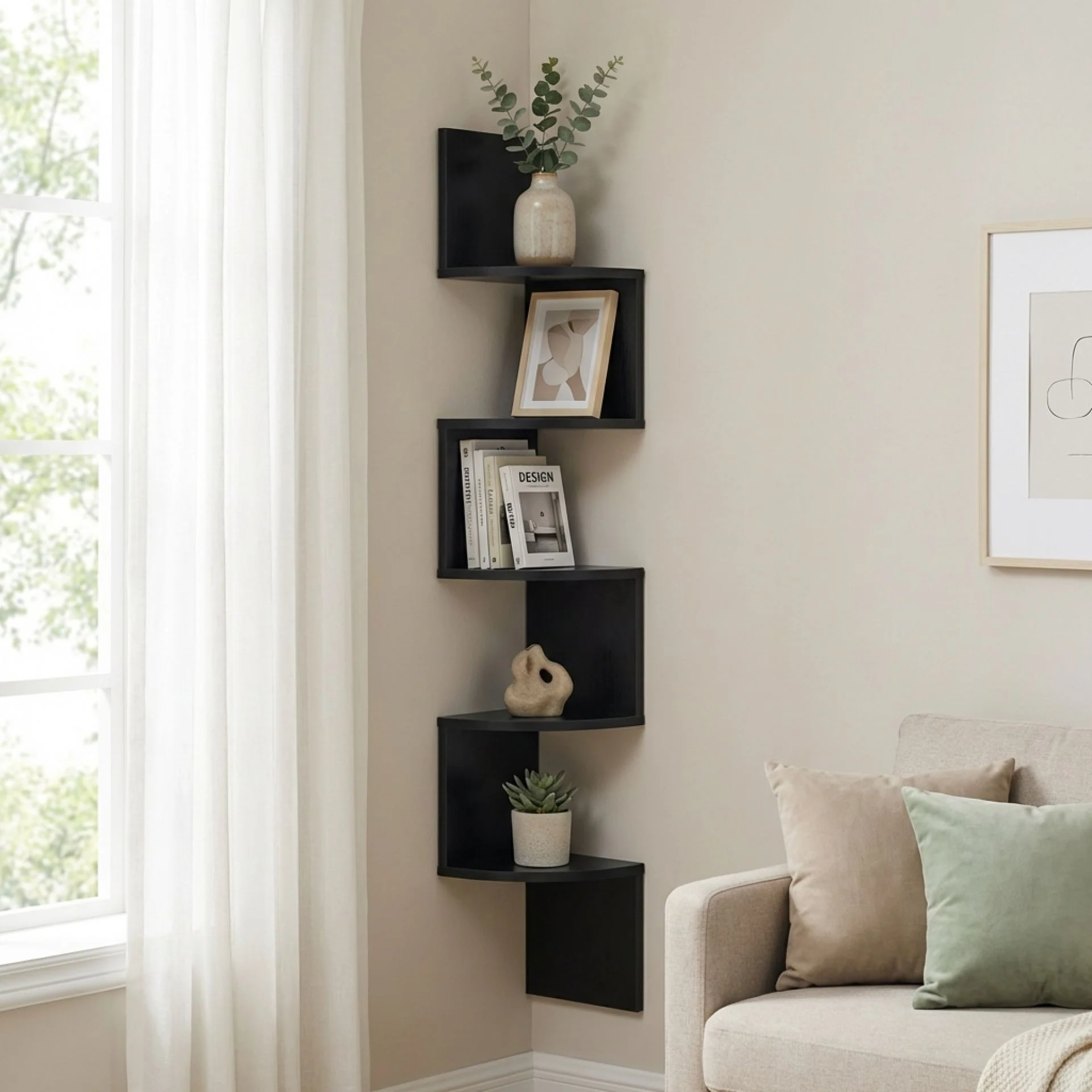 Nemi 5 Tier Wall Mounted Corner Shelf - Black - Image 3
