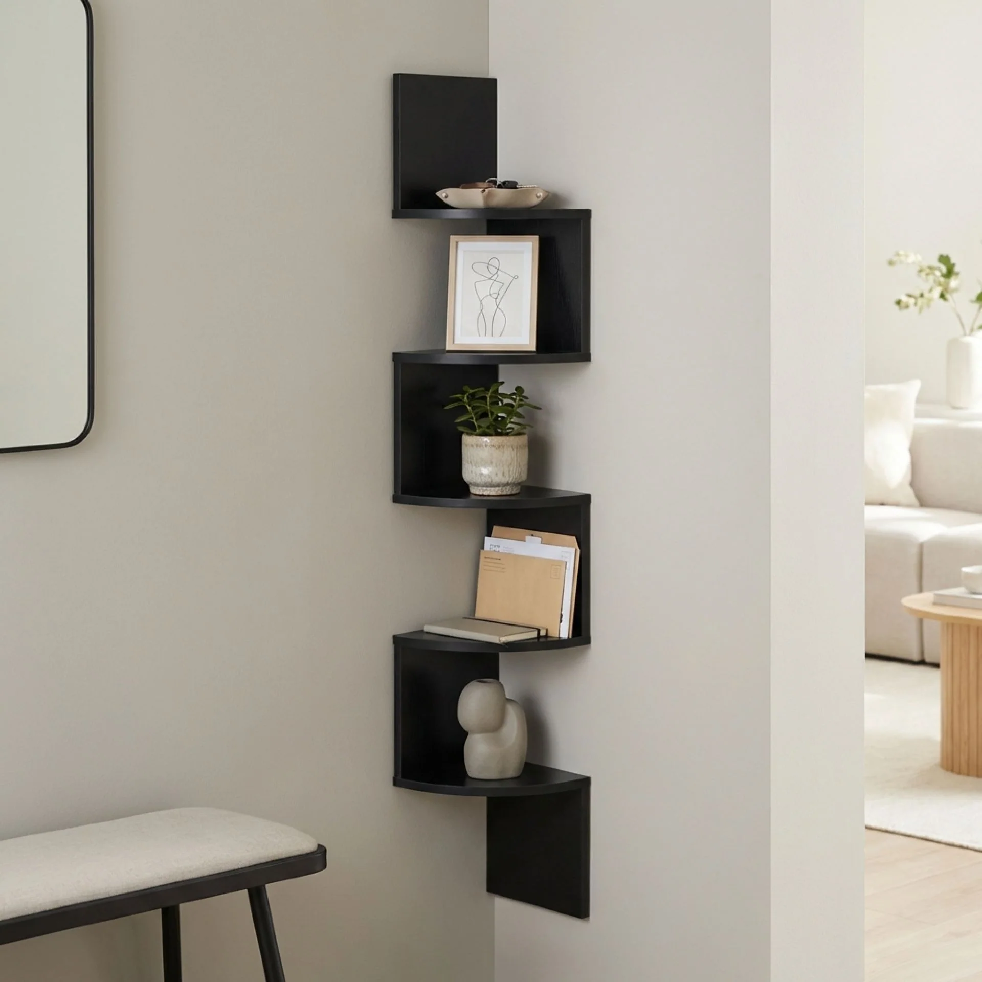 Nemi 5 Tier Wall Mounted Corner Shelf - Black - Image 4