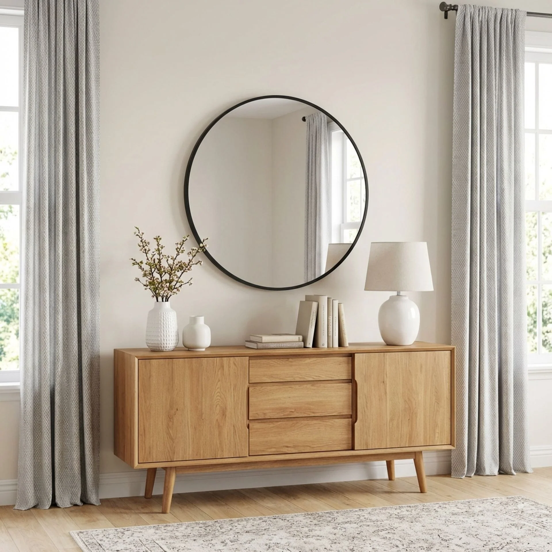 Noir Round Wooden Wall Mirror 80cm - Black